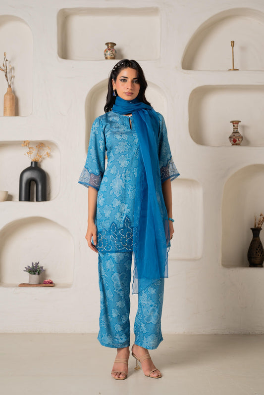 Juniper Blue Floral Embellished A-Line Kurta Pant And Dupatta Set With Beads & Sequence Work