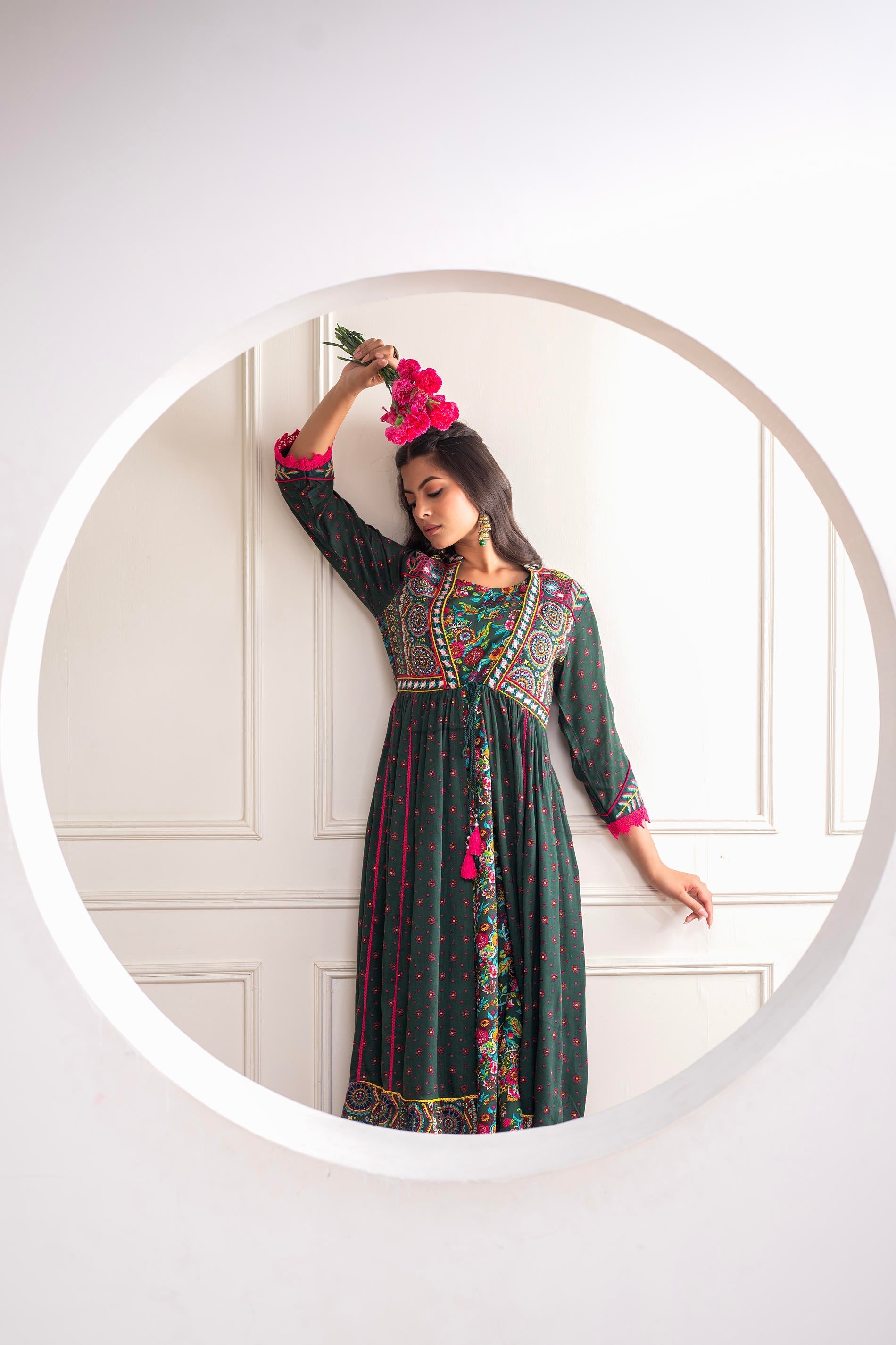 Juniper Viscose Bottle Green Embroidered Long Dress And Shrug Set With Thread, Mirror Work & Beads