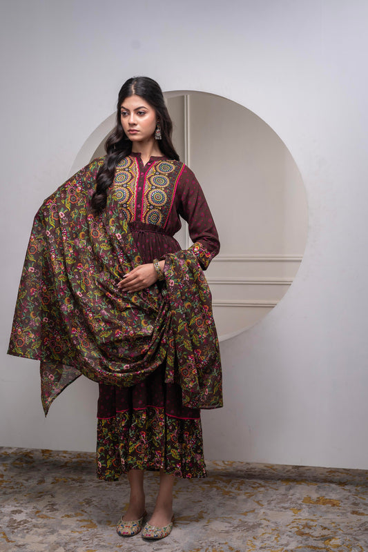 Juniper Brown Floral Viscose Long Dress With Dupatta And Dori, Sequence & Lace Work