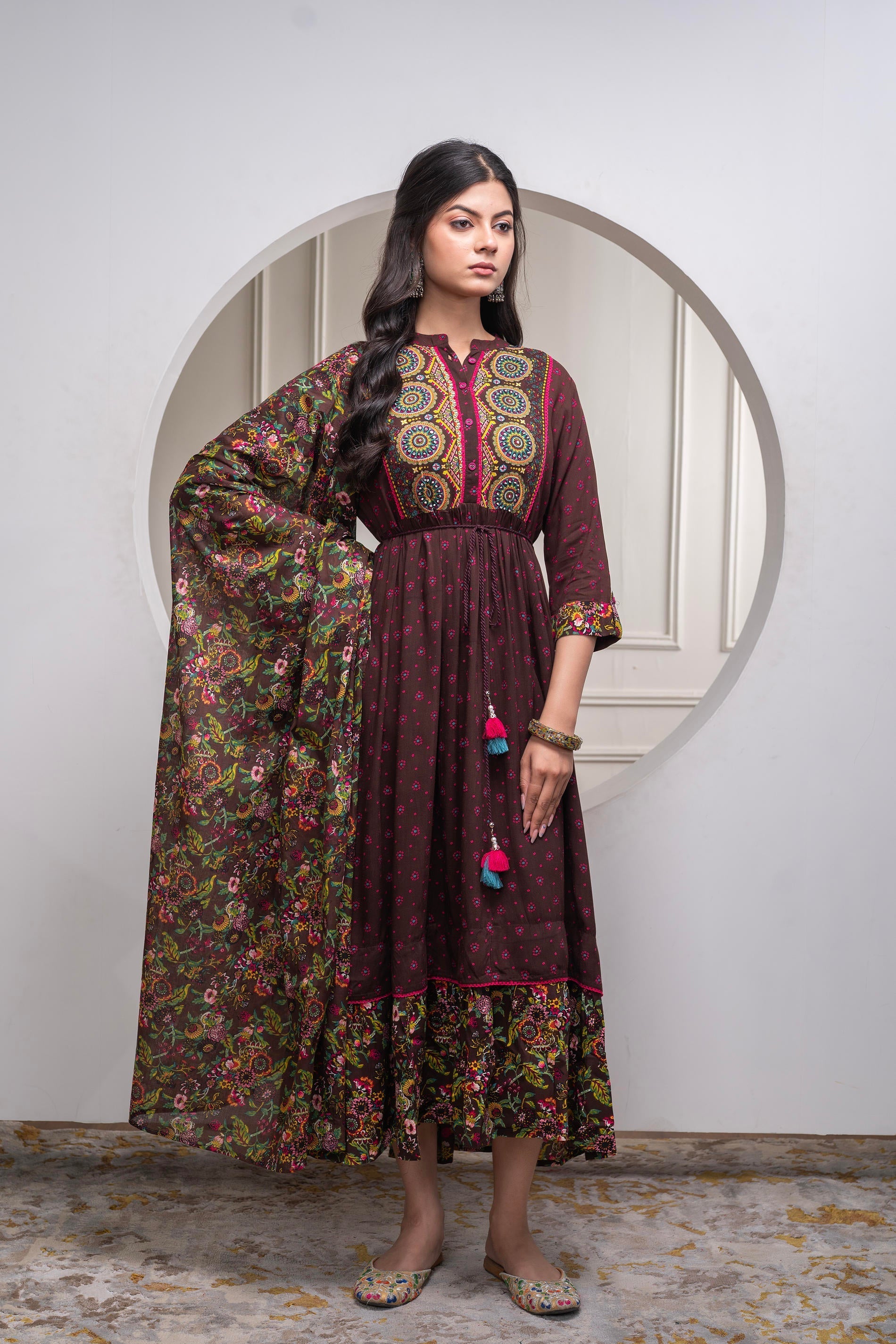 Juniper Brown Floral Viscose Long Dress With Dupatta And Dori, Sequence & Lace Work