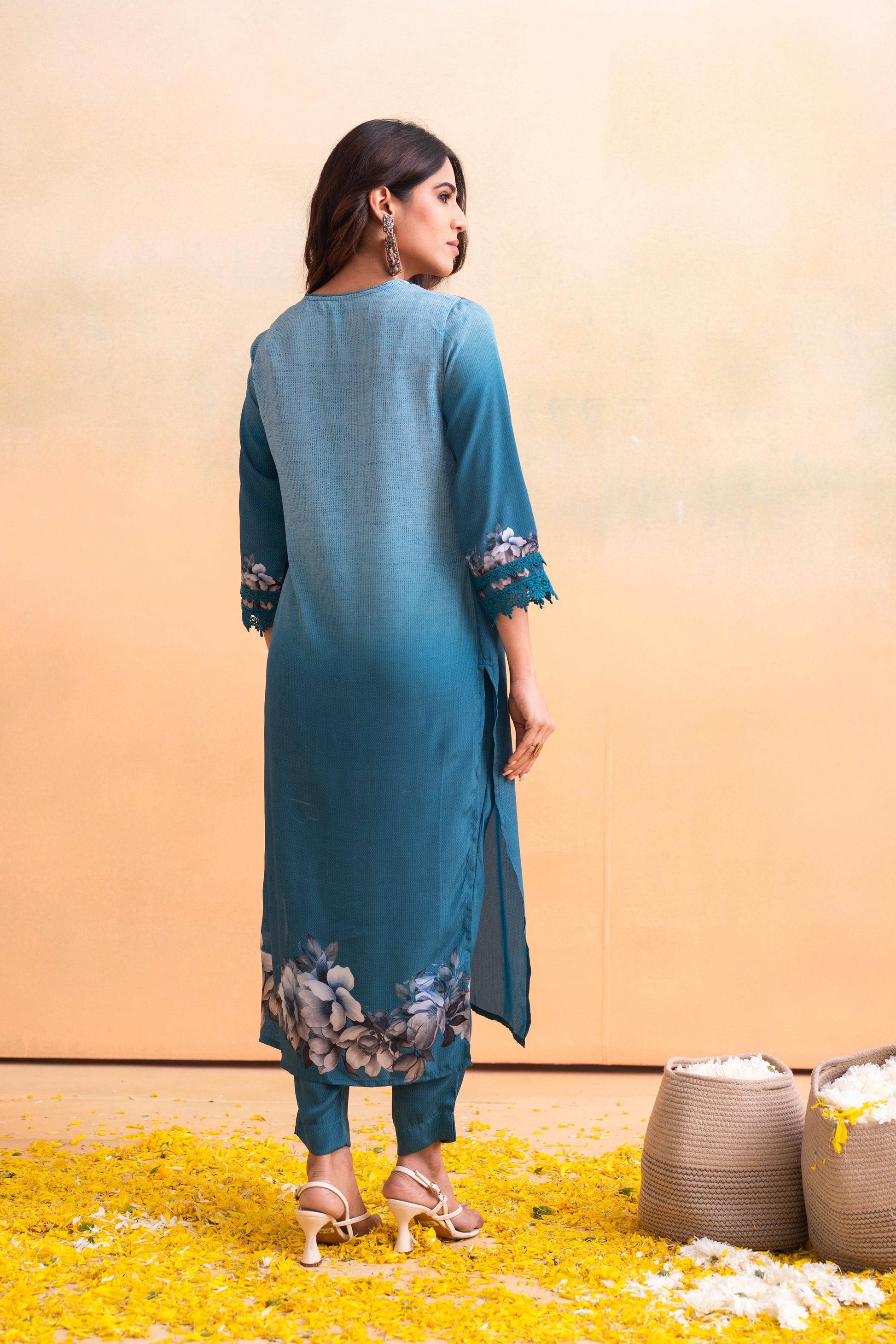 Juniper Blue Man Made Fiber Floral Printed Kurta With Pants & Dupatta Set With Lace Work