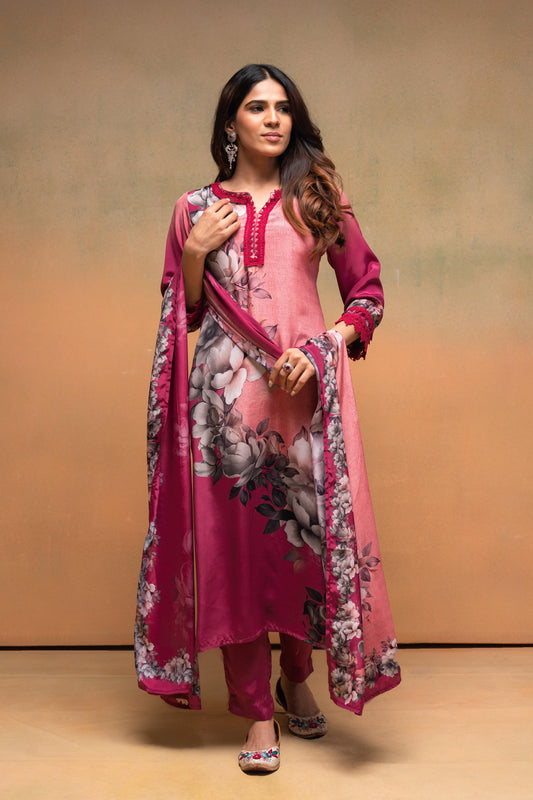 Juniper Magenta Man Made Fiber Floral Printed Kurta With Pants & Dupatta Set With Lace Work