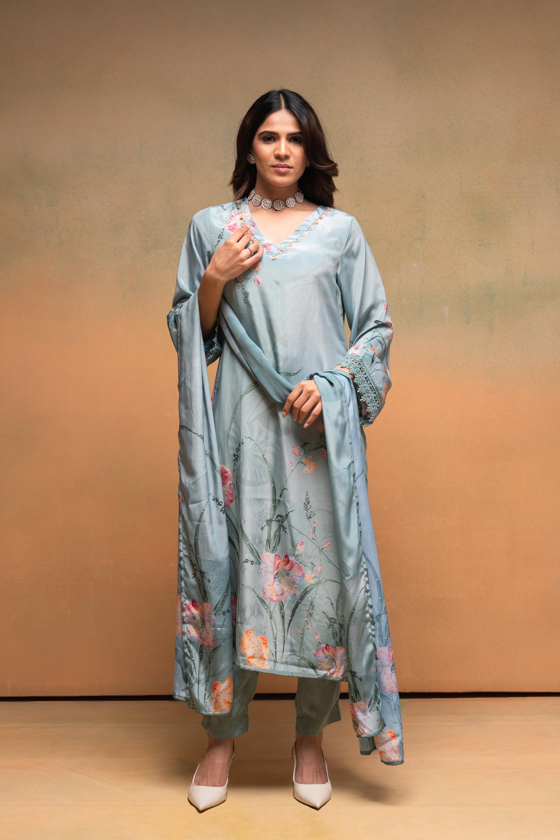 Juniper Mint Meadow Elegance Kurta Pant And Dupatta Set