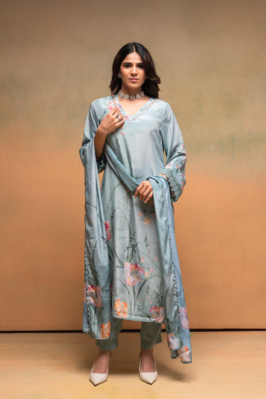 Juniper Mint Meadow Elegance Kurta Pant And Dupatta Set