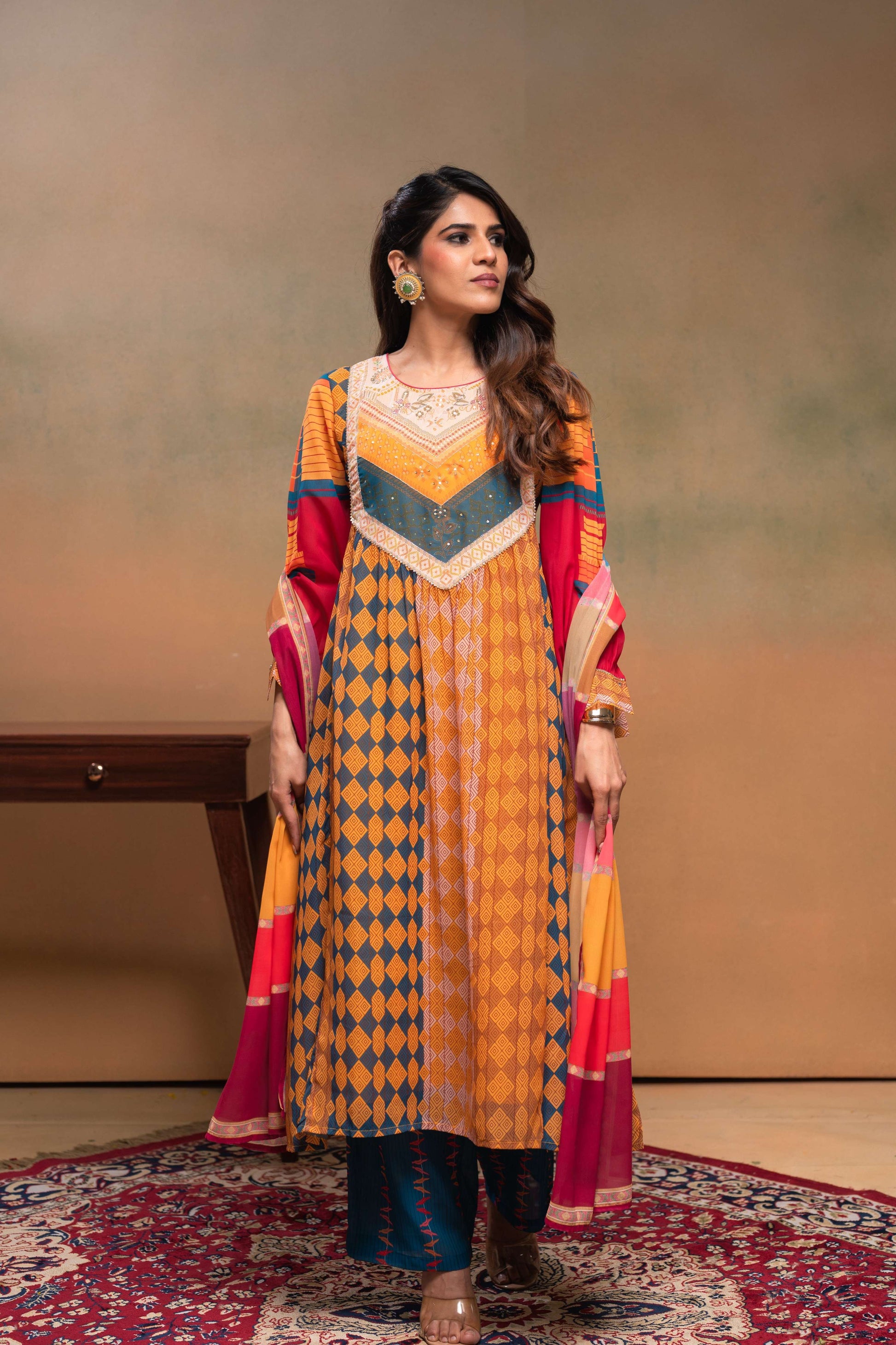 Juniper Mustard Man Made Fiber Ethnic Gathered Flared Kurta With Pants & Dupatta Set With Beads & Sequence Work