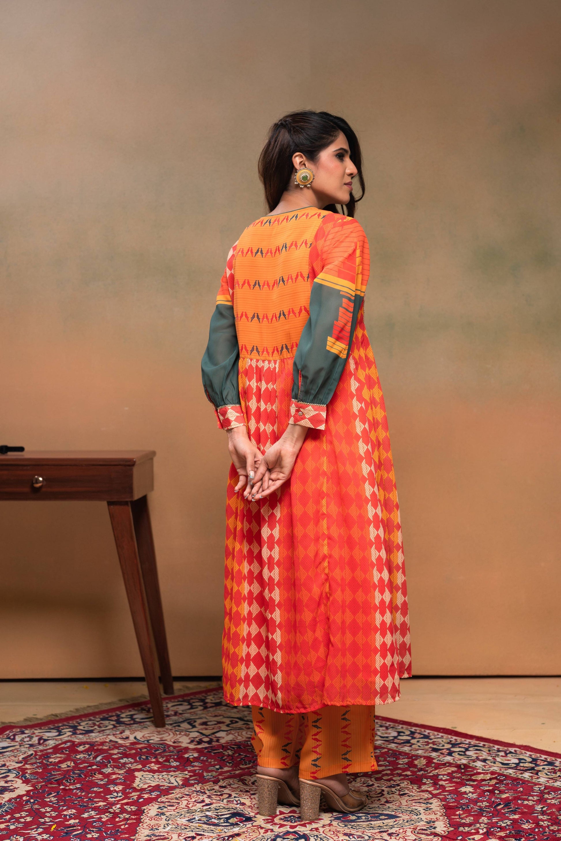 Juniper Orange Man Made Fiber Ethnic Gathered Flared Kurta With Pants & Dupatta Set With Beads & Sequence Work