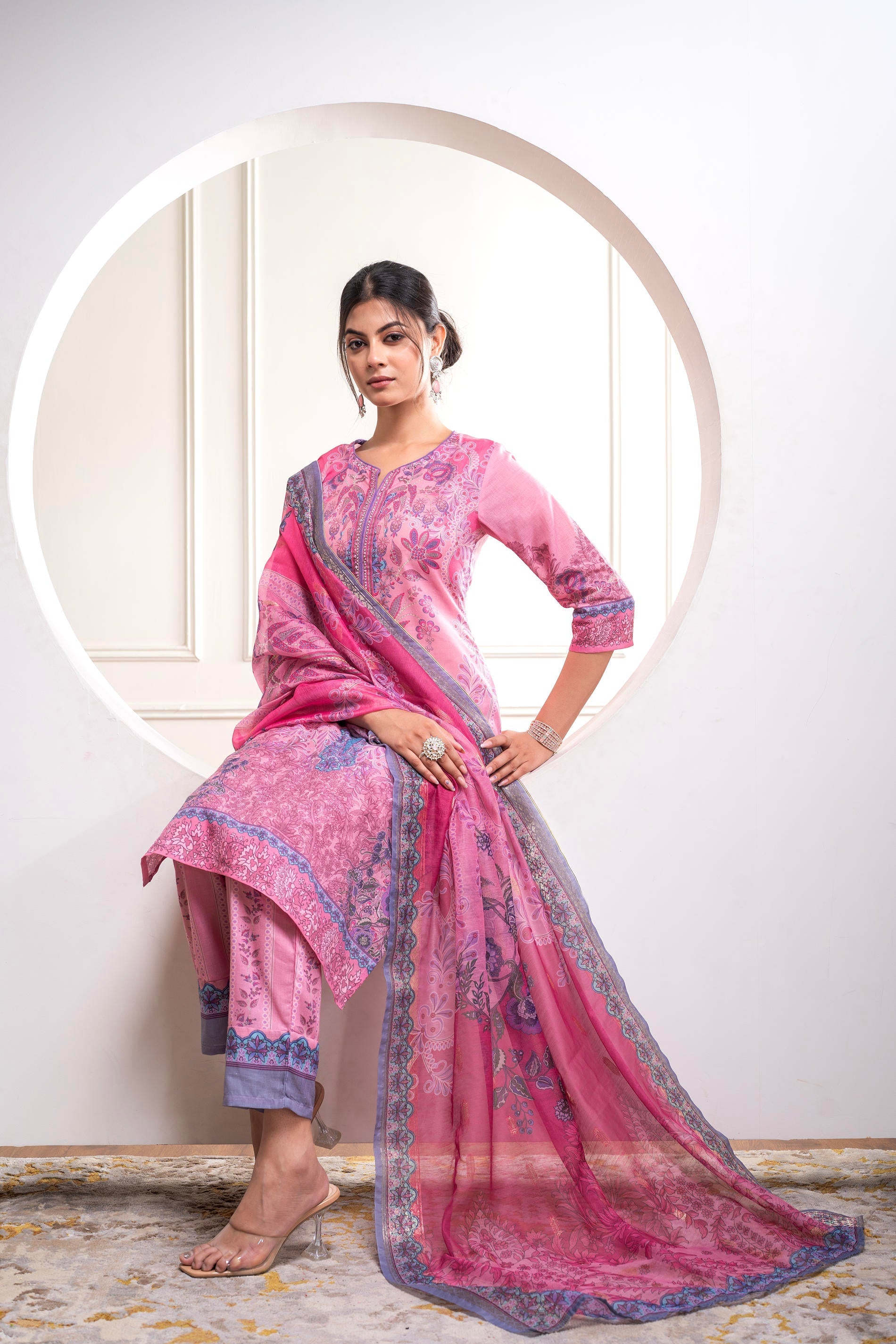 Juniper Lavender Floral Printed Kurta With Pant And Dupatta, Sequence & Beads Work