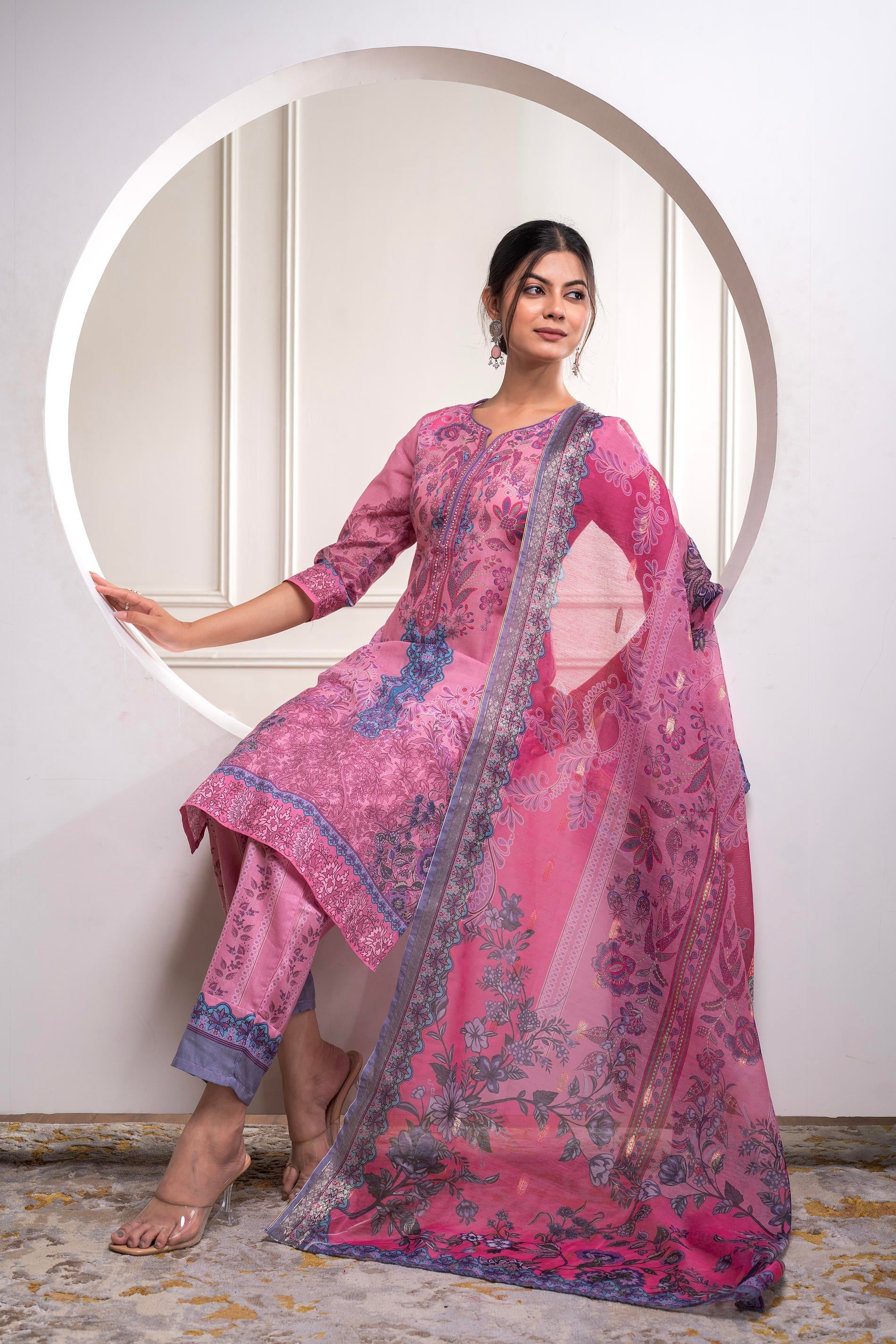 Juniper Lavender Floral Printed Kurta With Pant And Dupatta, Sequence & Beads Work