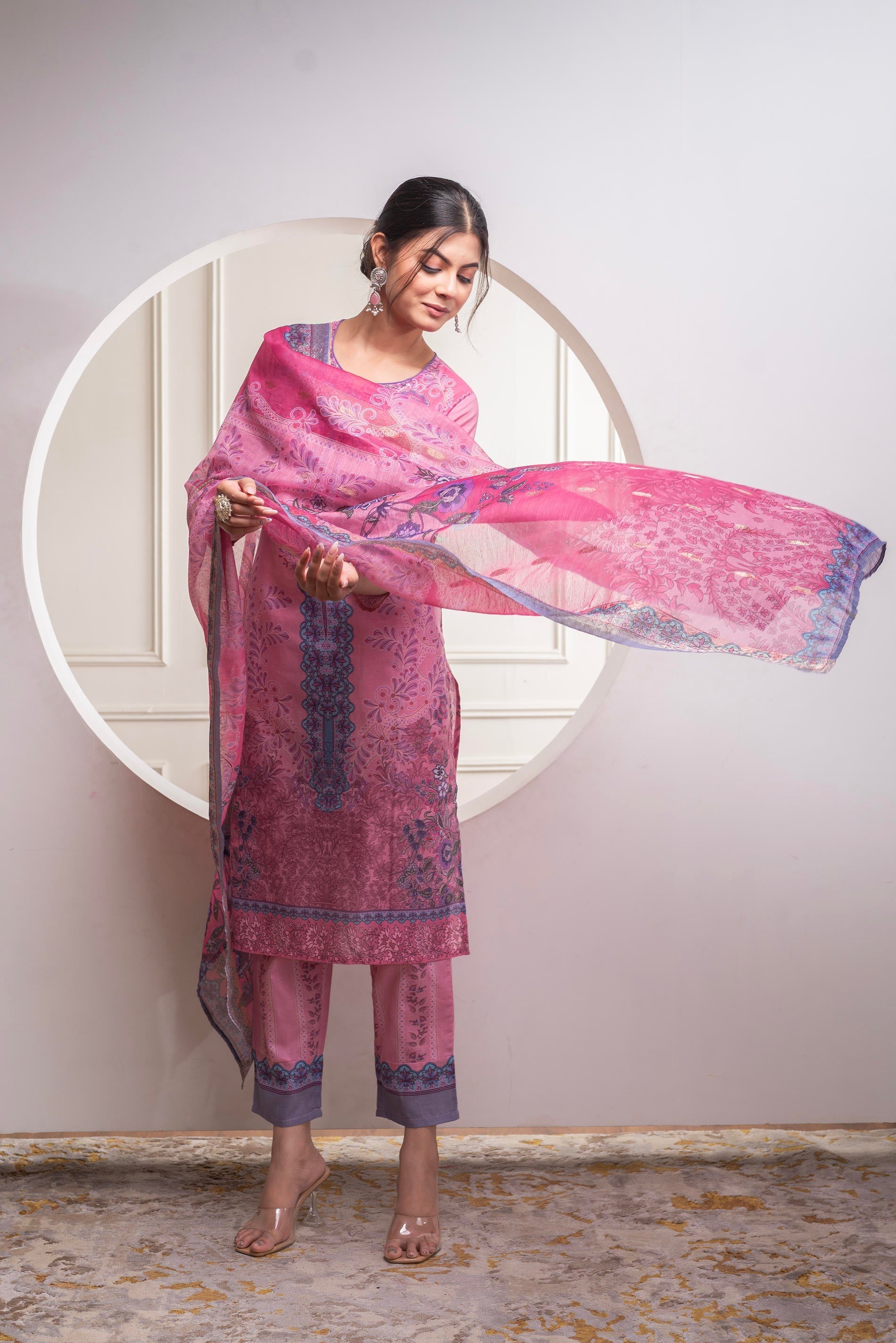 Juniper Lavender Floral Printed Kurta With Pant And Dupatta, Sequence & Beads Work