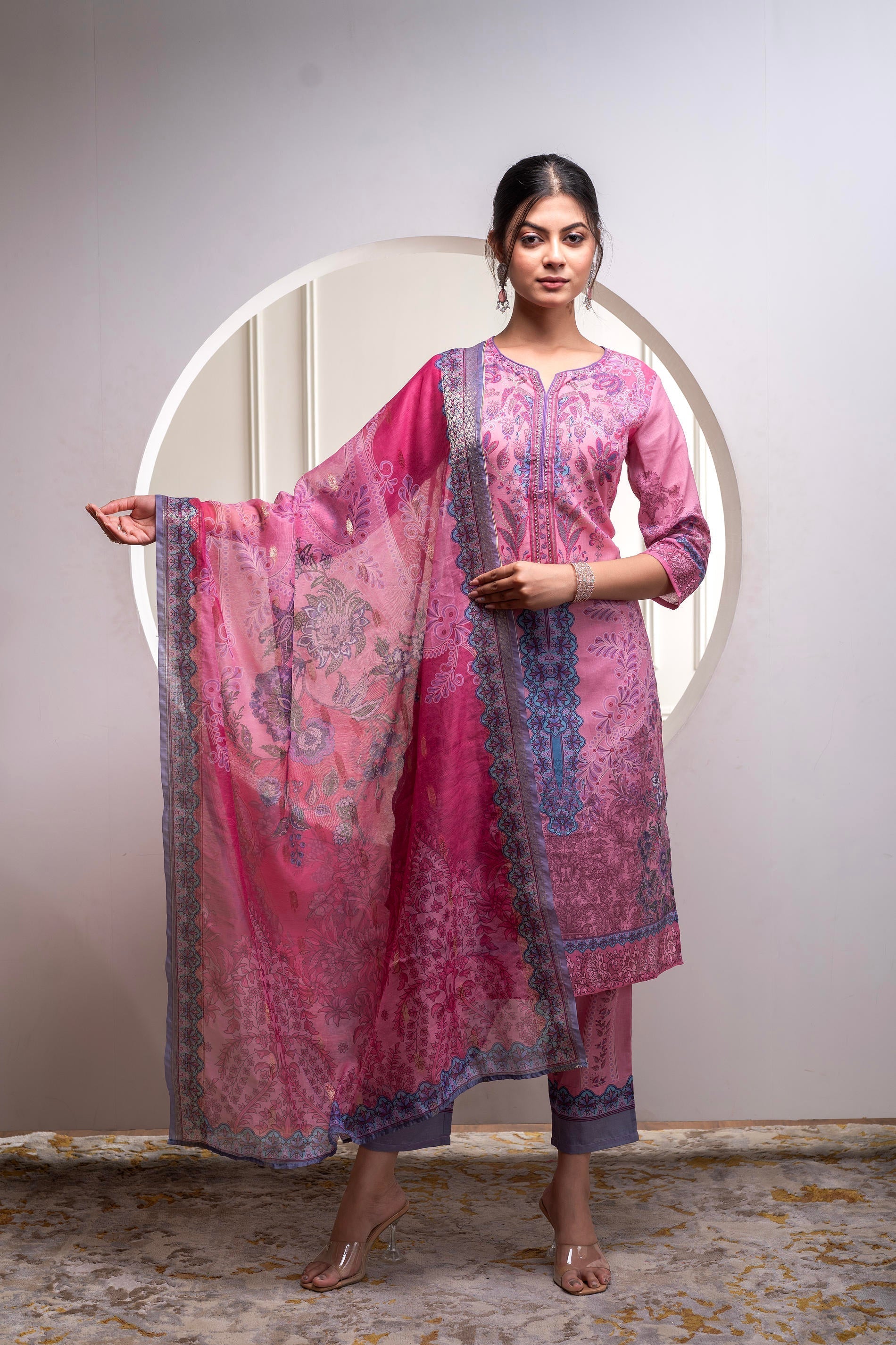 Juniper Lavender Floral Printed Kurta With Pant And Dupatta, Sequence & Beads Work