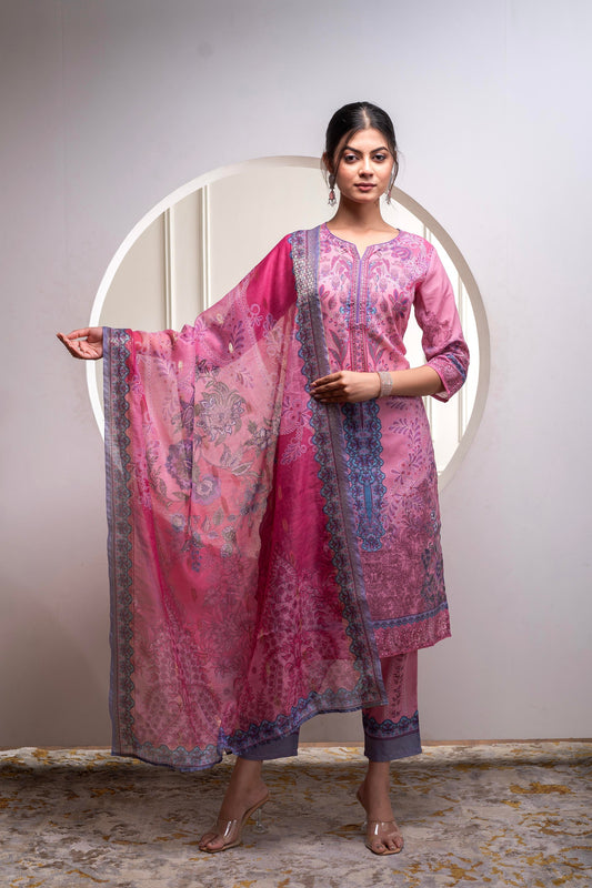 Juniper Lavender Floral Printed Kurta With Pant And Dupatta, Sequence & Beads Work