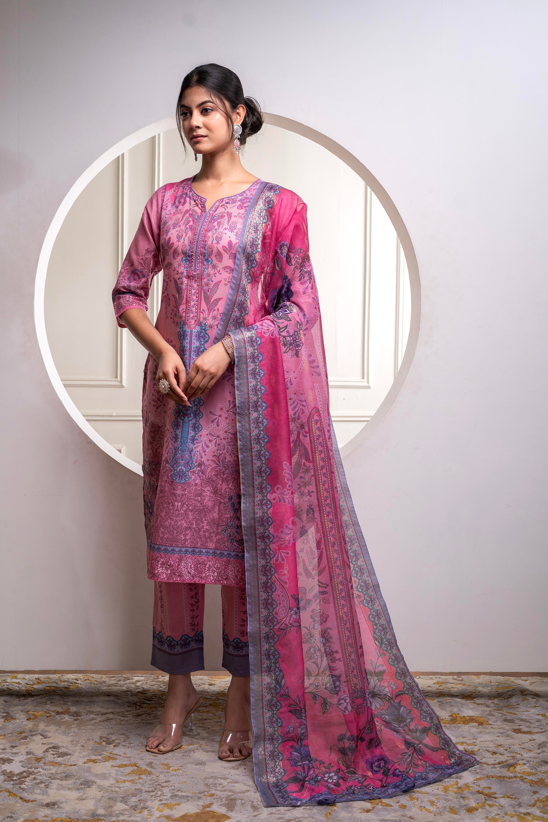 Juniper Lavender Floral Printed Kurta With Pant And Dupatta, Sequence & Beads Work