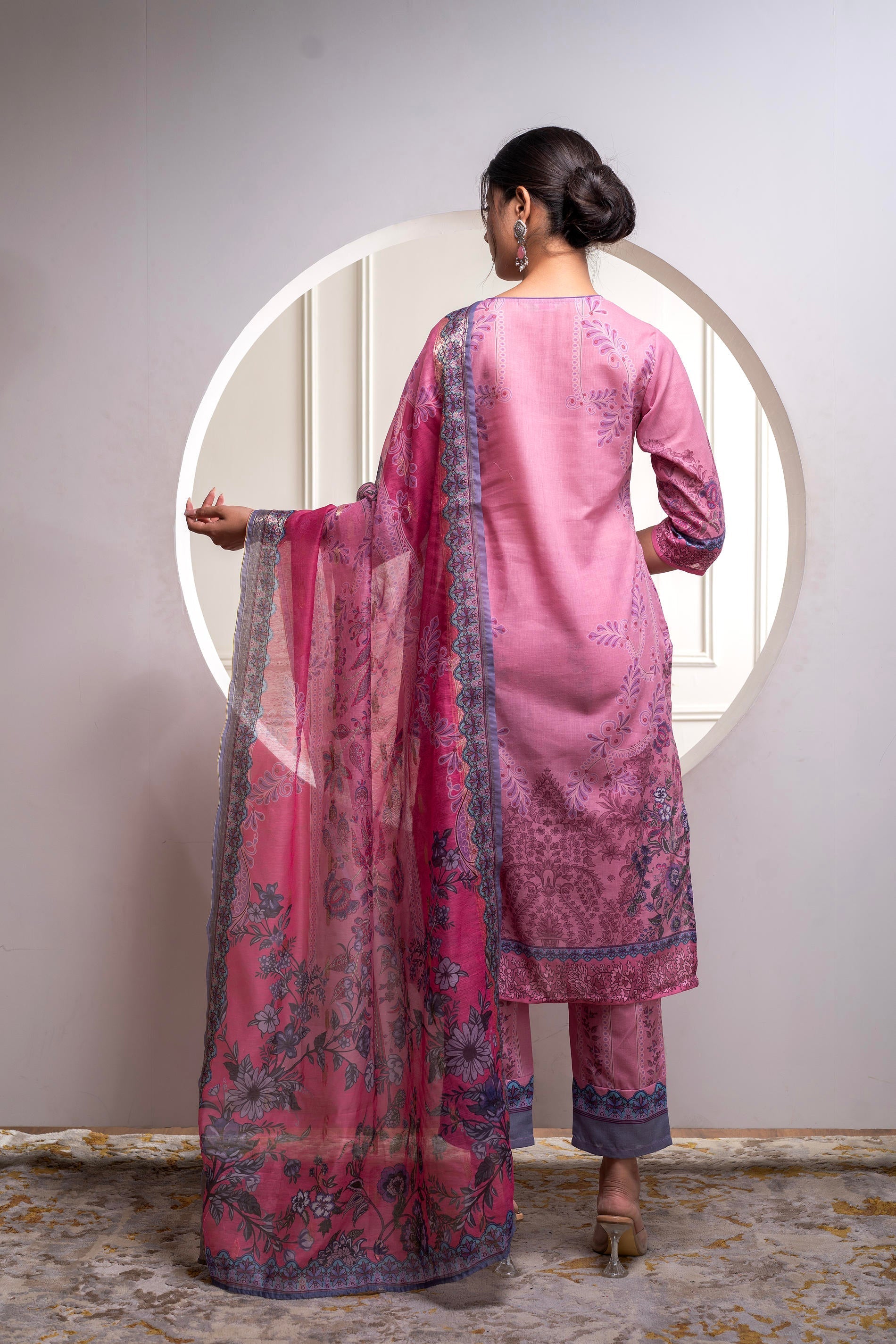 Juniper Lavender Floral Printed Kurta With Pant And Dupatta, Sequence & Beads Work