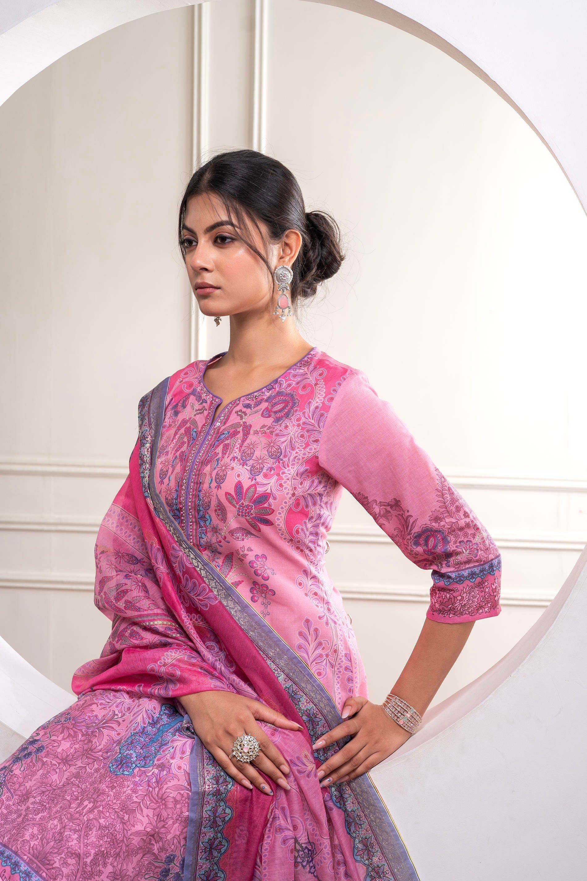 Juniper Lavender Floral Printed Kurta With Pant And Dupatta, Sequence & Beads Work