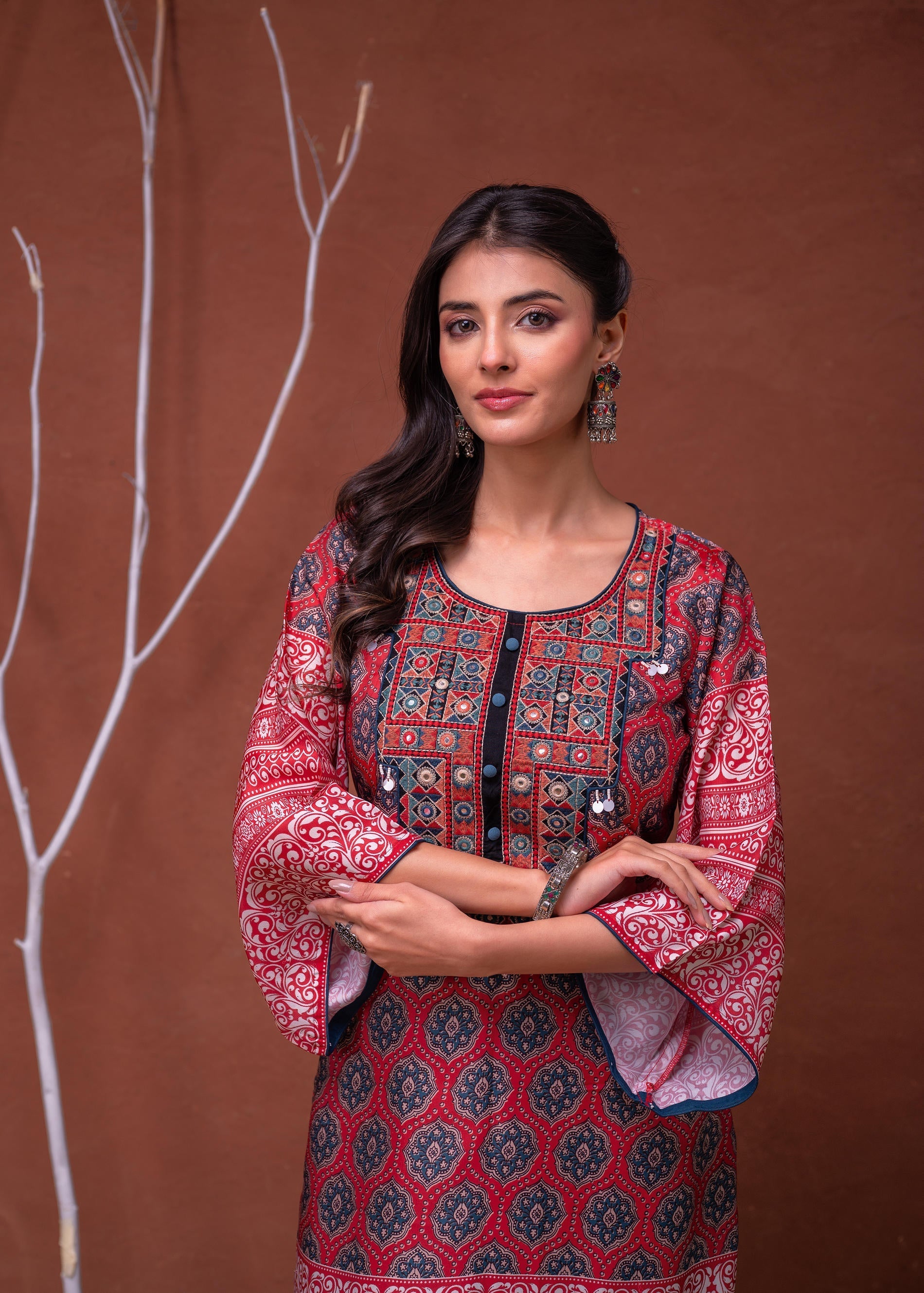 Juniper Polycotton Maroon Embroidered Kurta Pant Set With Mirror, Thread Work & Tassels