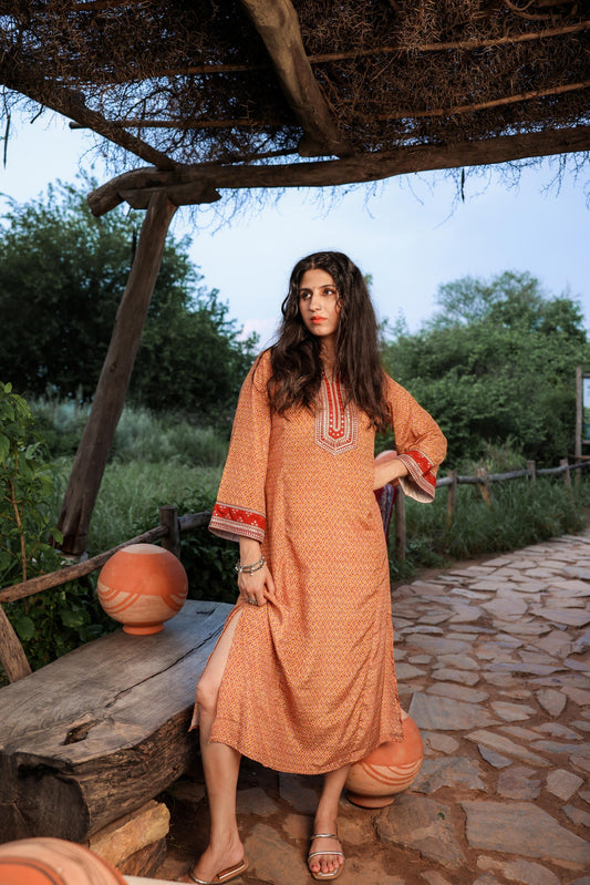 Juniper Mustard Embroidered A-Line Kurta With Mirror & Thread Work | Grab2Buy