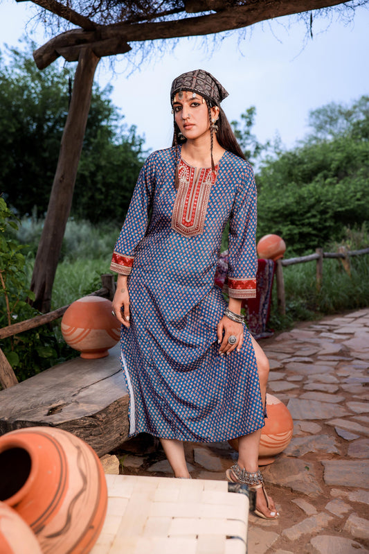Juniper Teal Ethnic Motif Embroidered A-Line Kurta With Zari & Mirror Work | Grab2Buy