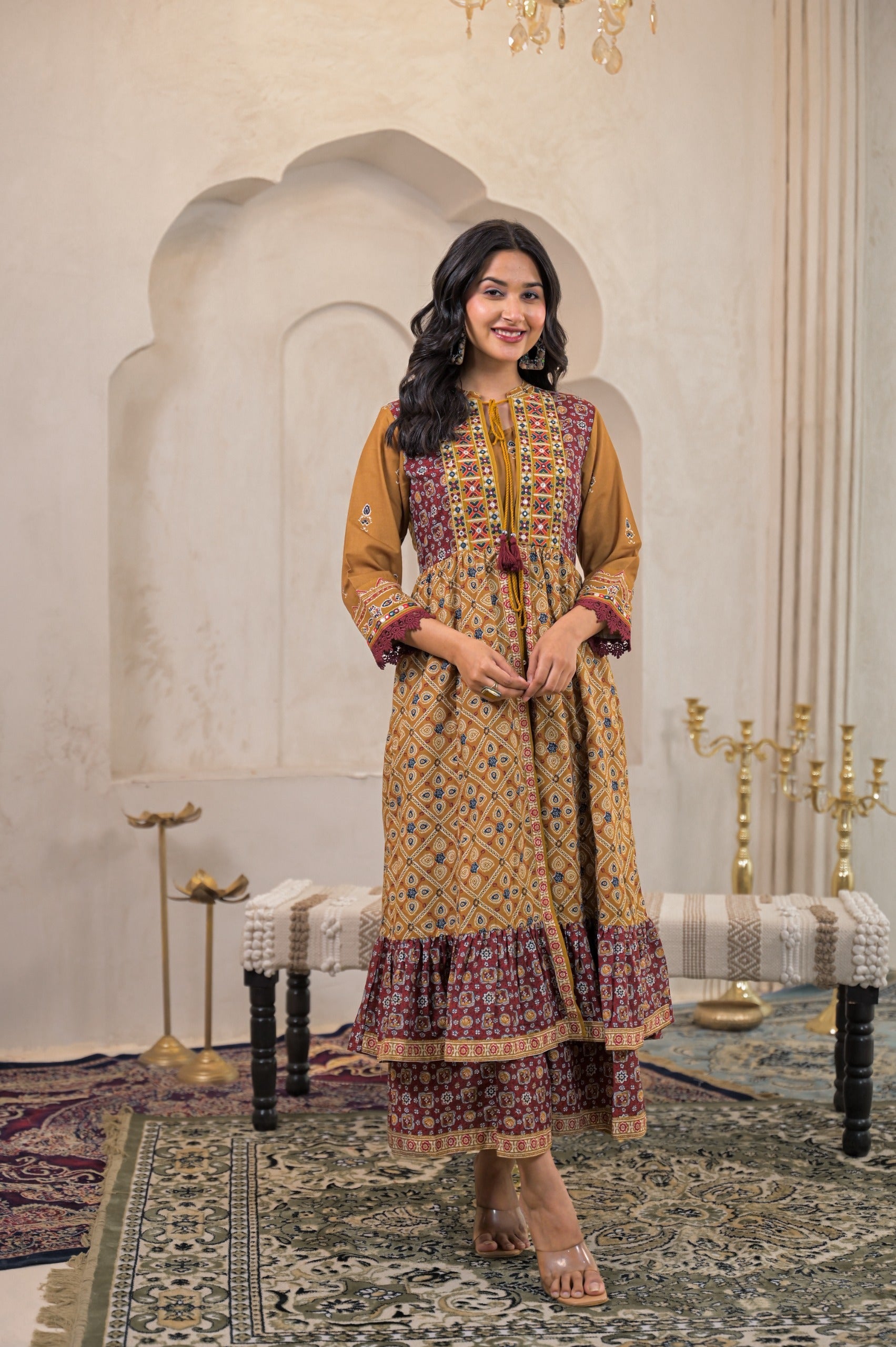 Juniper Mustard Man Made Fiber Ethnic Double Layered Flared Long Dress With Inner & Mirror Thread Work