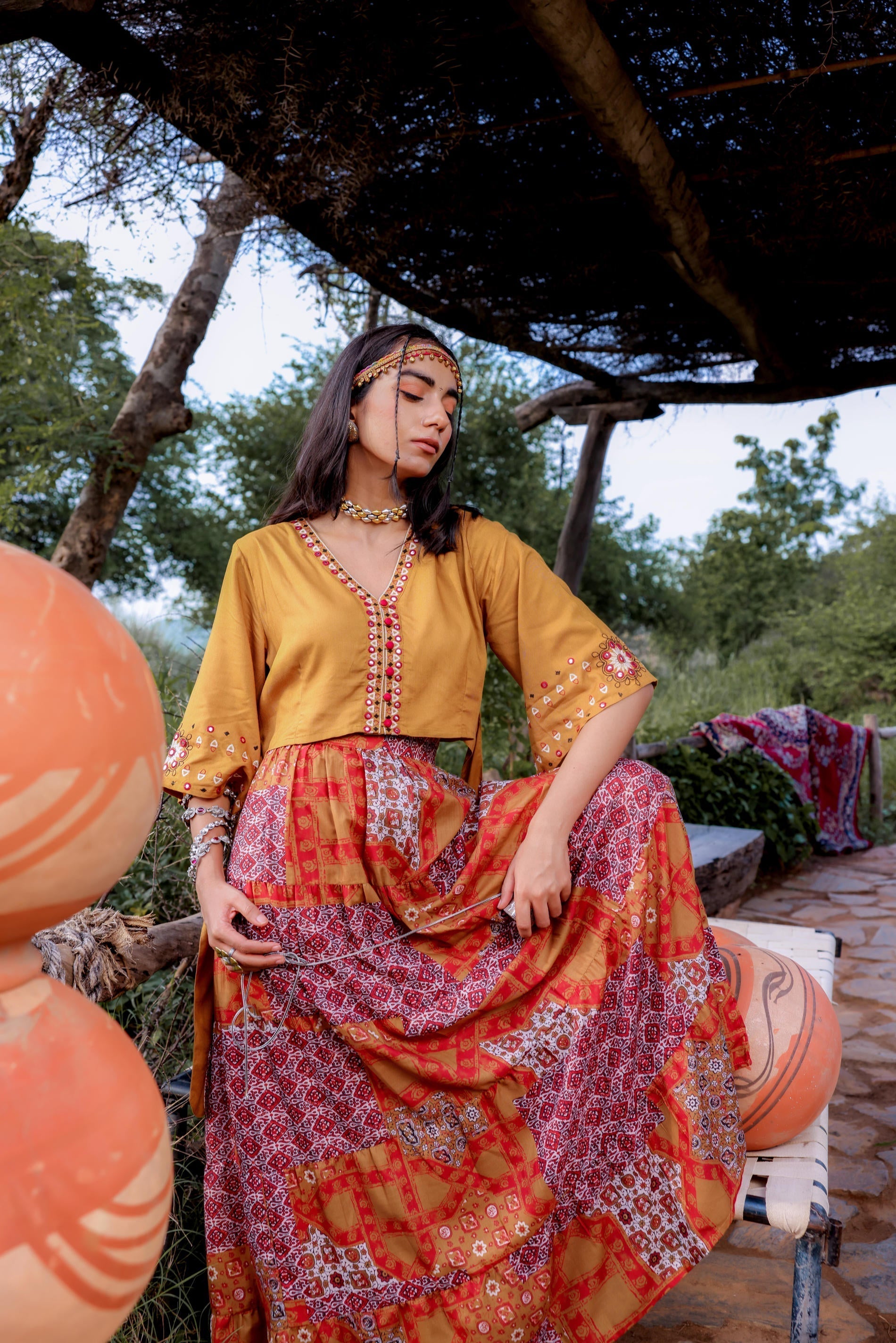 Juniper Mustard Floral Embroidered Co-Ord Set With Mirror & Thread Work 