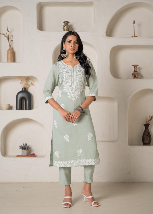 Juniper Mint Solid Embroidered Straight Kurta Pant Set With Thread Work 