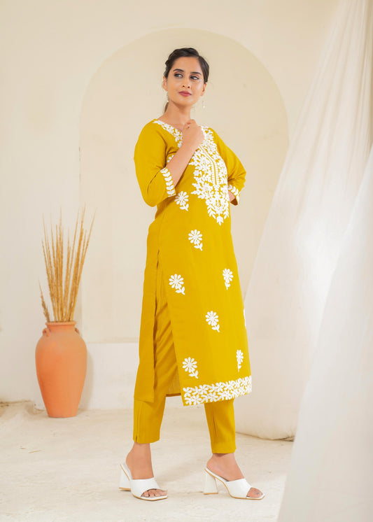 Juniper Mustard Solid Embroidered Straight Kurta Pant Set With Thread Work | Grab2Buy