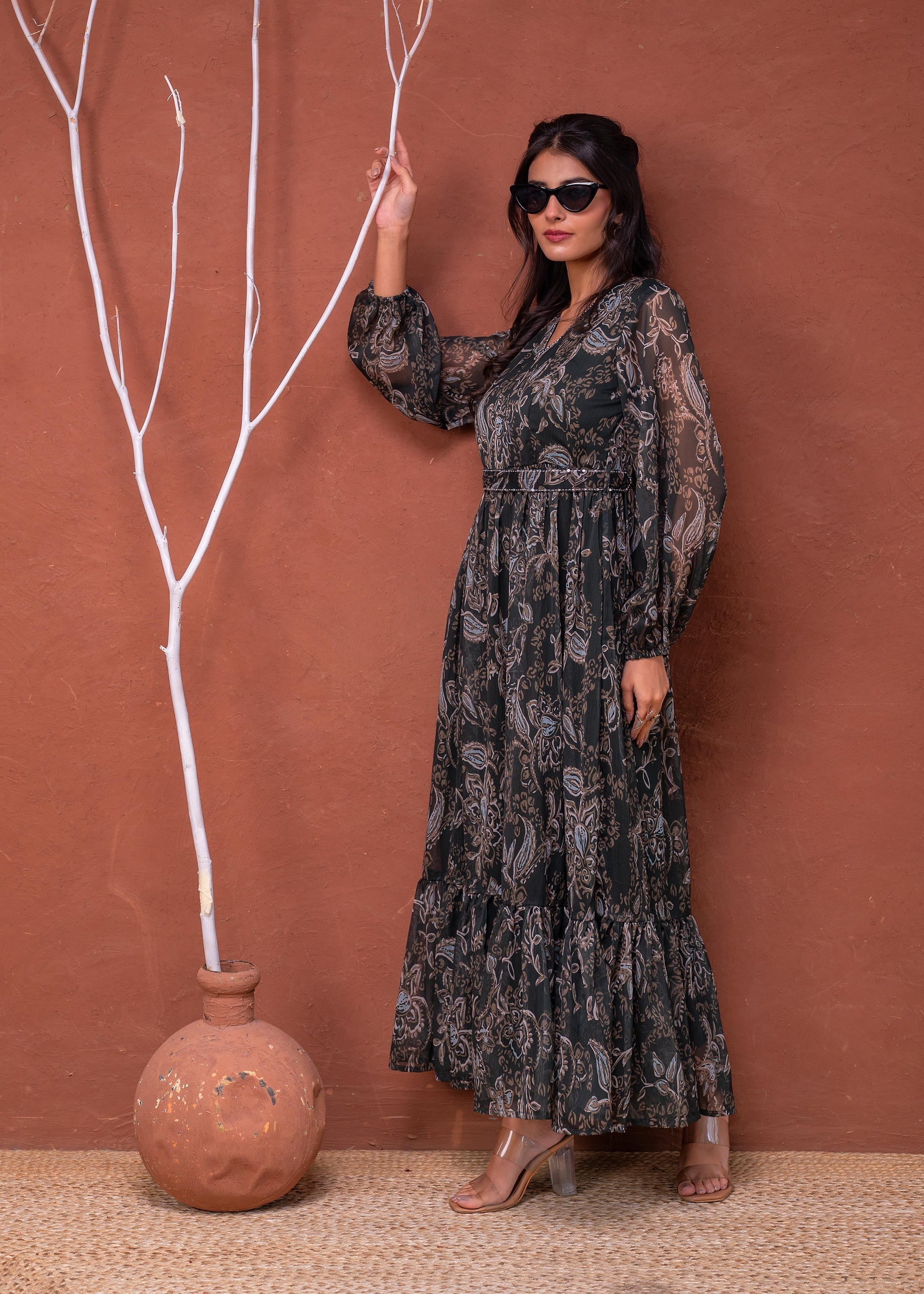Juniper Floral Green Printed Dress With Sheer Sleeves & Beaded Waist Detailing