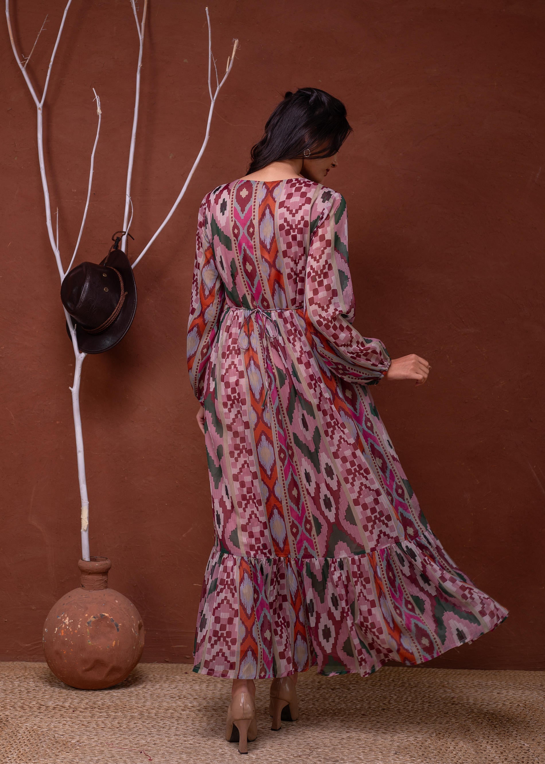 Juniper Floral Printed Pink Dress With Sheer Sleeves & Beaded Waist Detailing