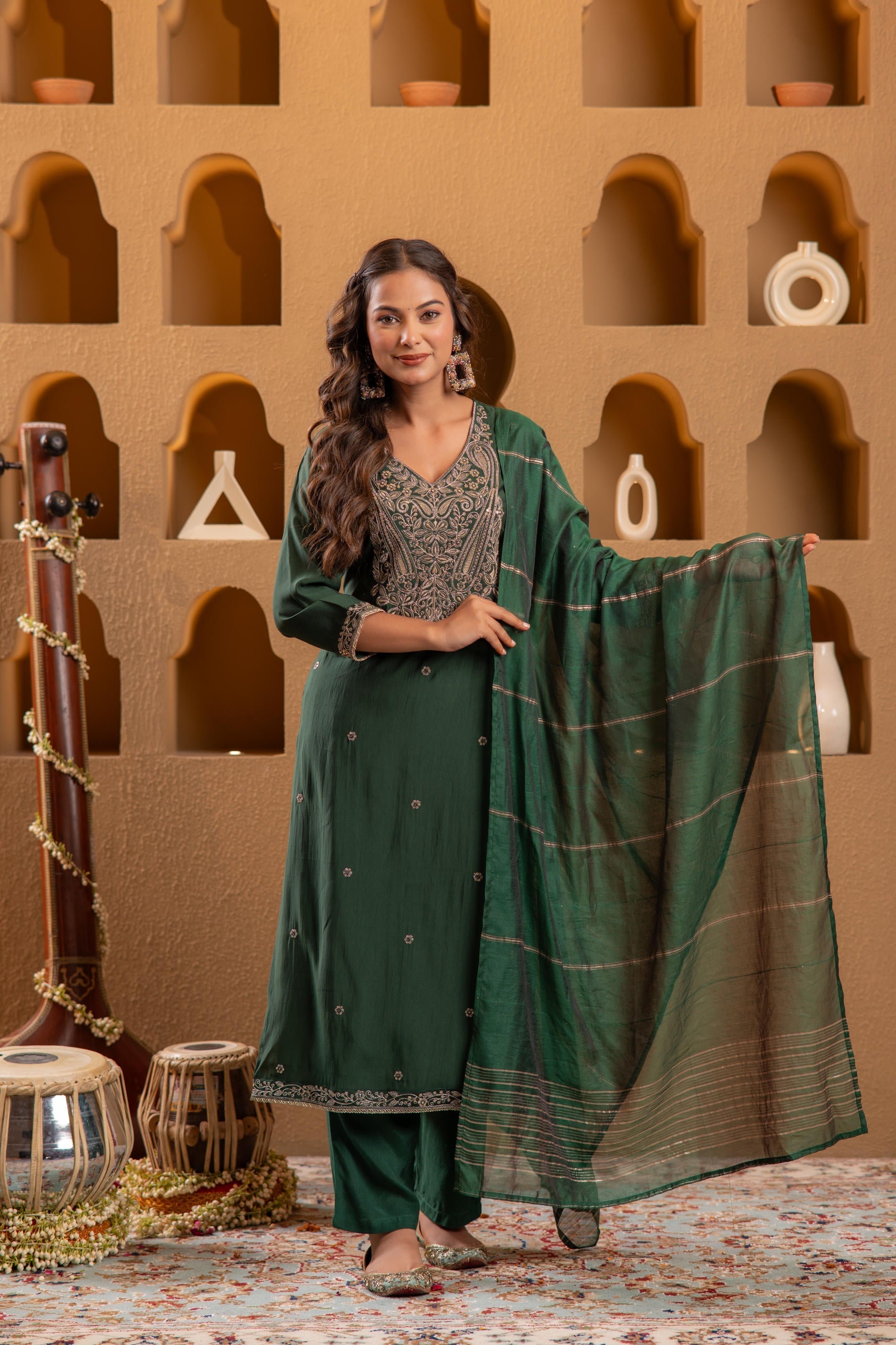 Juniper Bottle Green Viscose Straight Kurta With Pants & Dupatta Set With Zari & Sequence Work