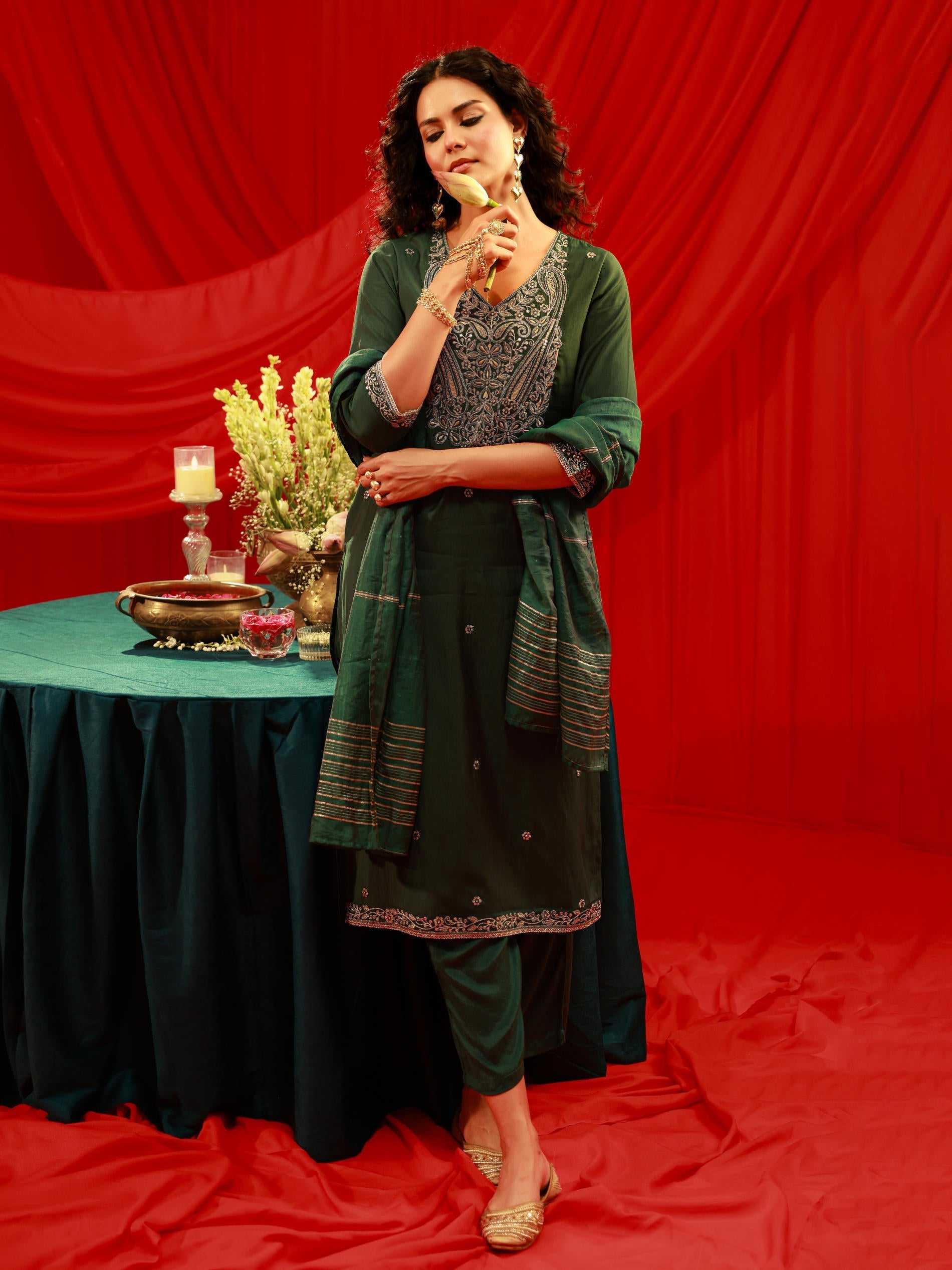 Juniper Bottle Green Viscose Straight Kurta With Pants & Dupatta Set With Zari & Sequence Work