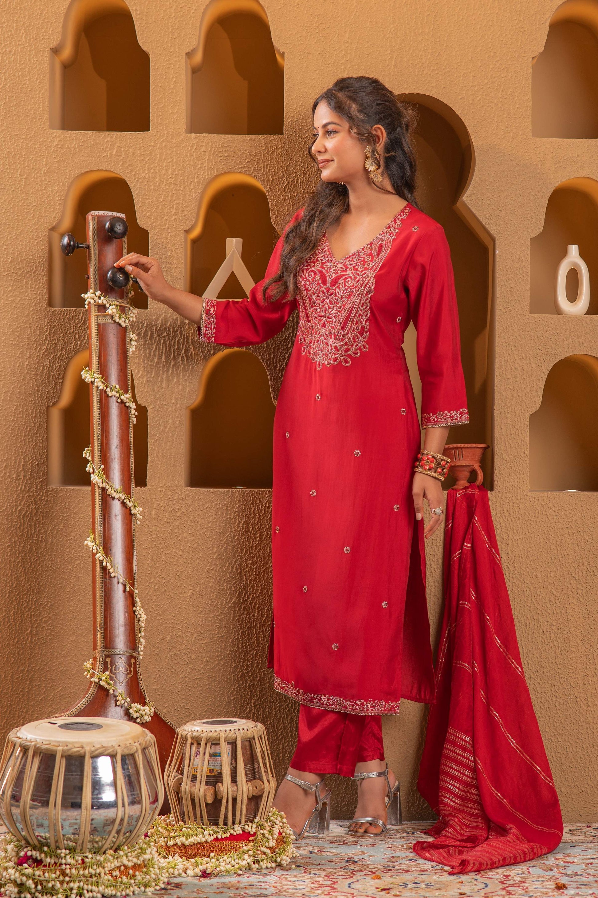Juniper Red Embroidered Straight Kurta With Pant & Striped Dupatta