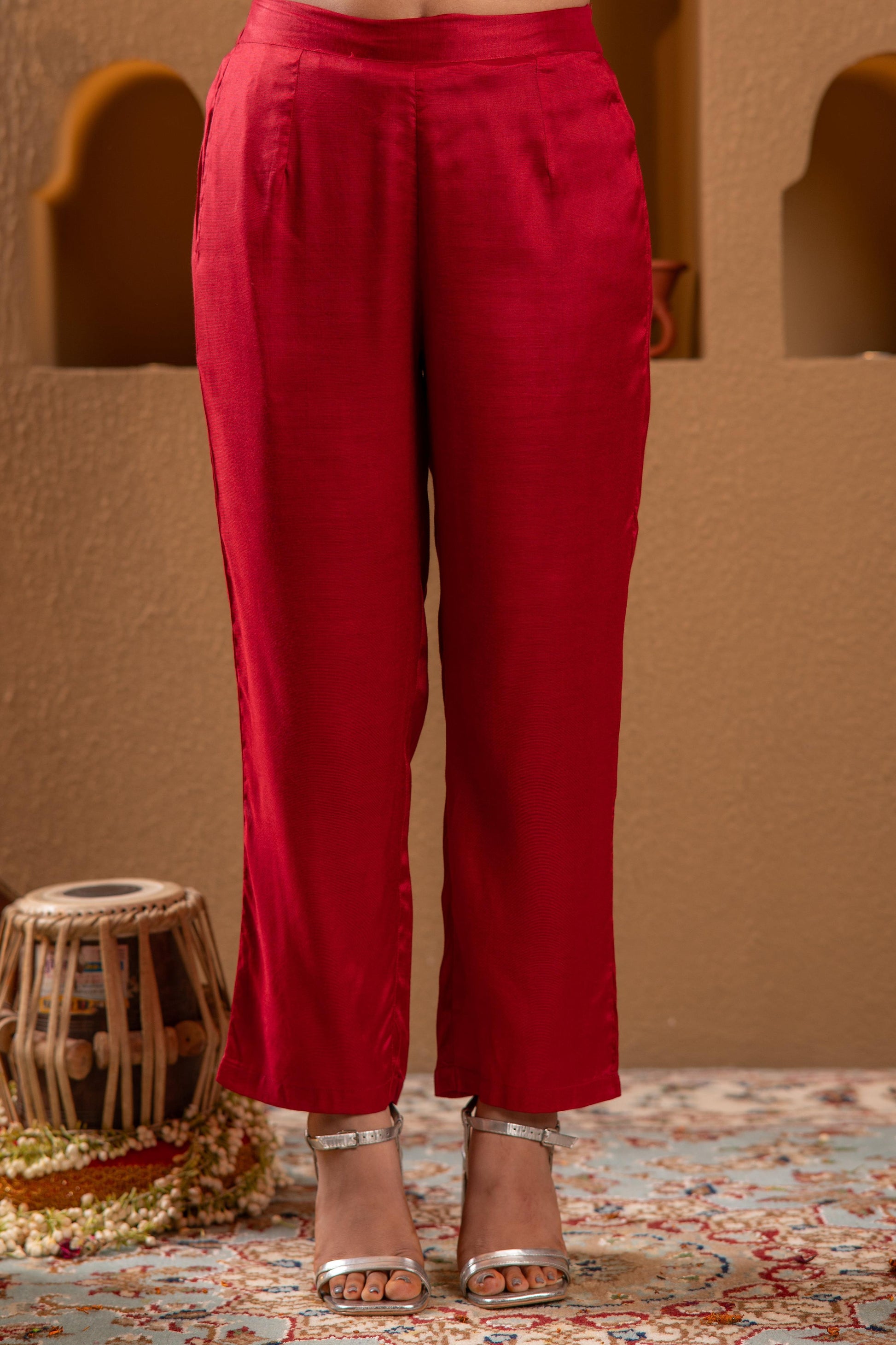 Juniper Red Embroidered Straight Kurta With Pant & Striped Dupatta