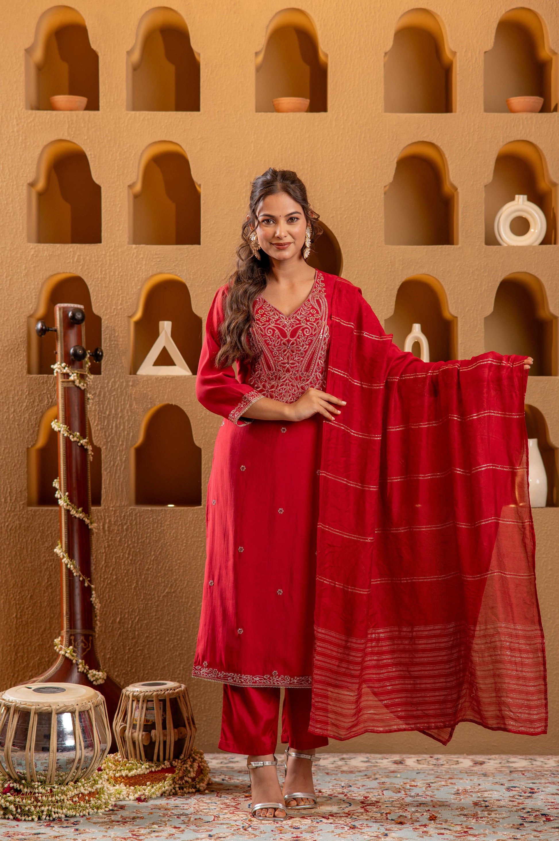 Juniper Red Viscose Straight Kurta With Pants & Dupatta Set With Zari & Sequence Work (Copy)