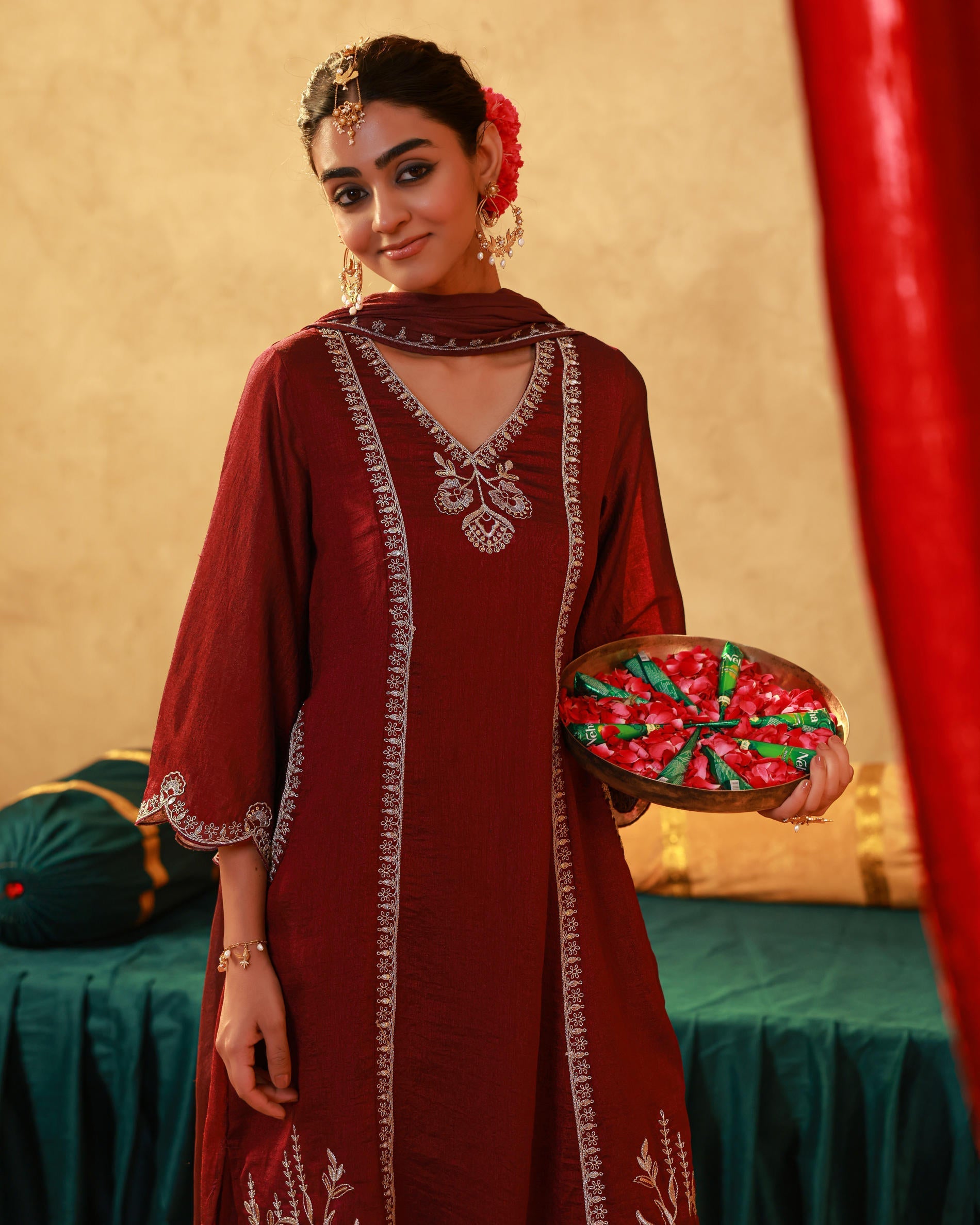 Juniper Red Man Made Fiber Straight Kurta Pant And Dupatta Set With Mirror, Thread, Dori & Sequin Work