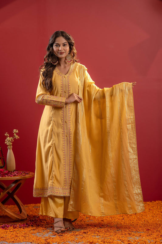 Juniper Yellow Viscose Solid A-Line Kurta With Pants & Dupatta Set With Zari, Sequence & Dori Work