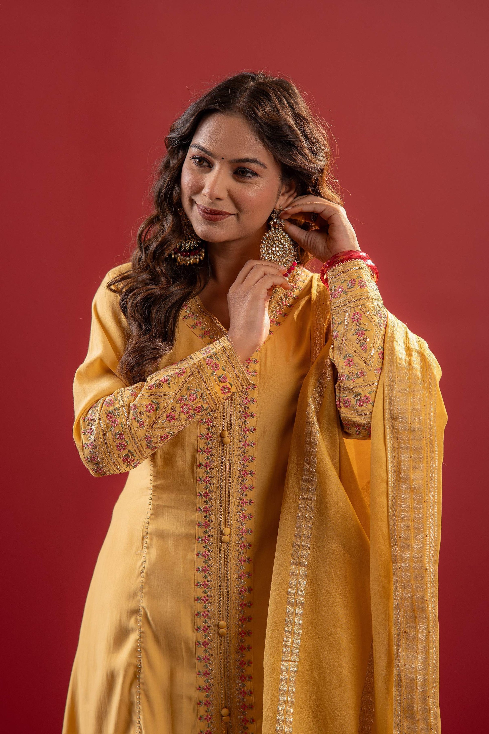 Juniper Yellow Viscose Solid A-Line Kurta With Pants & Dupatta Set With Zari, Sequence & Dori Work