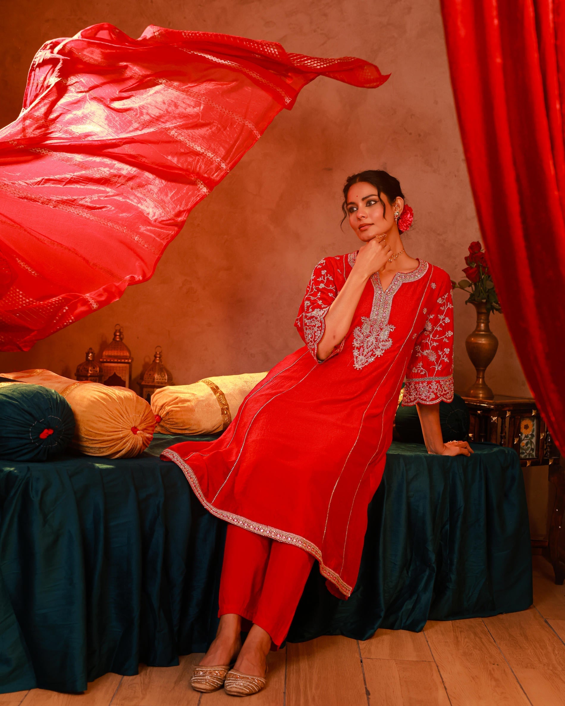Juniper Magenta Man Made Fiber Flared Kurta Pant And Dupatta Set With Zari, Mirror, Thread & Sequin Work