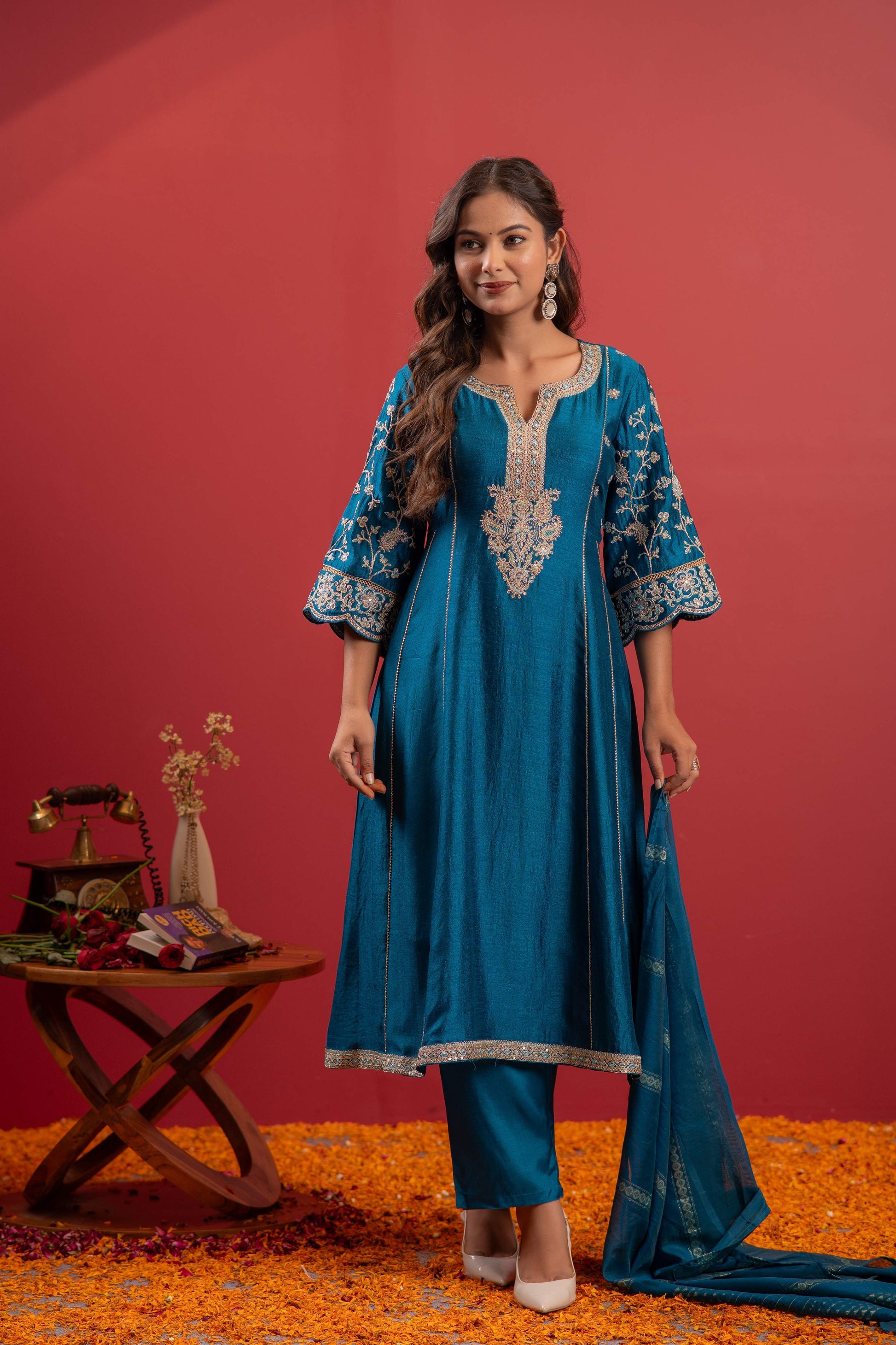 Juniper Turquoise Man Made Fiber Flared Kurta Pant And Dupatta Set With Zari, Mirror, Thread & Sequin Work
