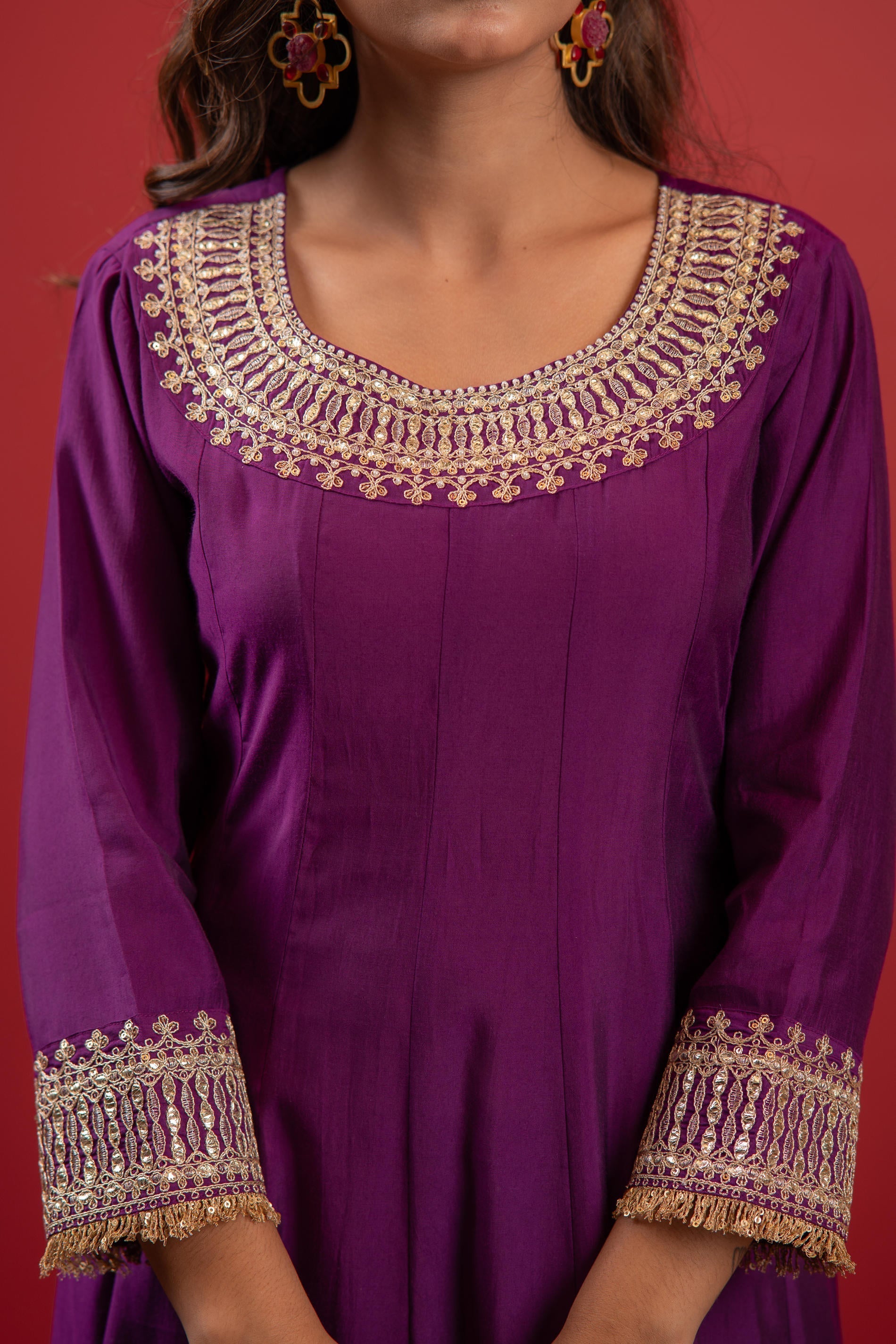 Juniper Purple Anarkali Suit With Embroidered Dupatta & Pant