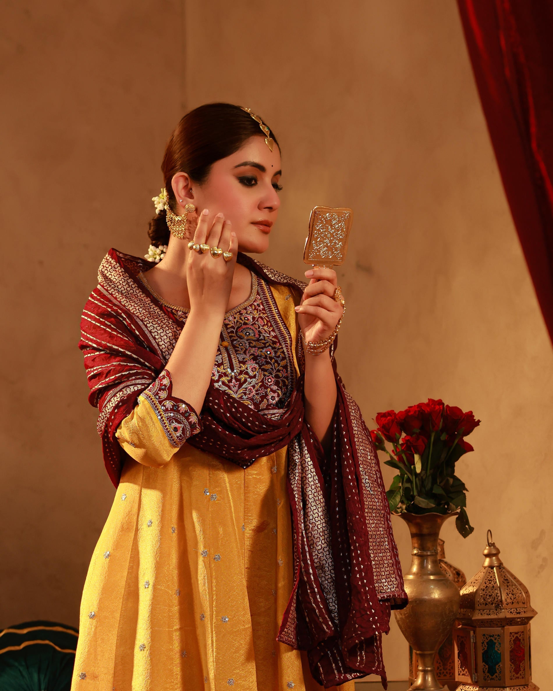 Juniper Mustard Nylon Flared Kurta Pant And Dupatta Set With Zari, Mirror, Thread & Sequin Work