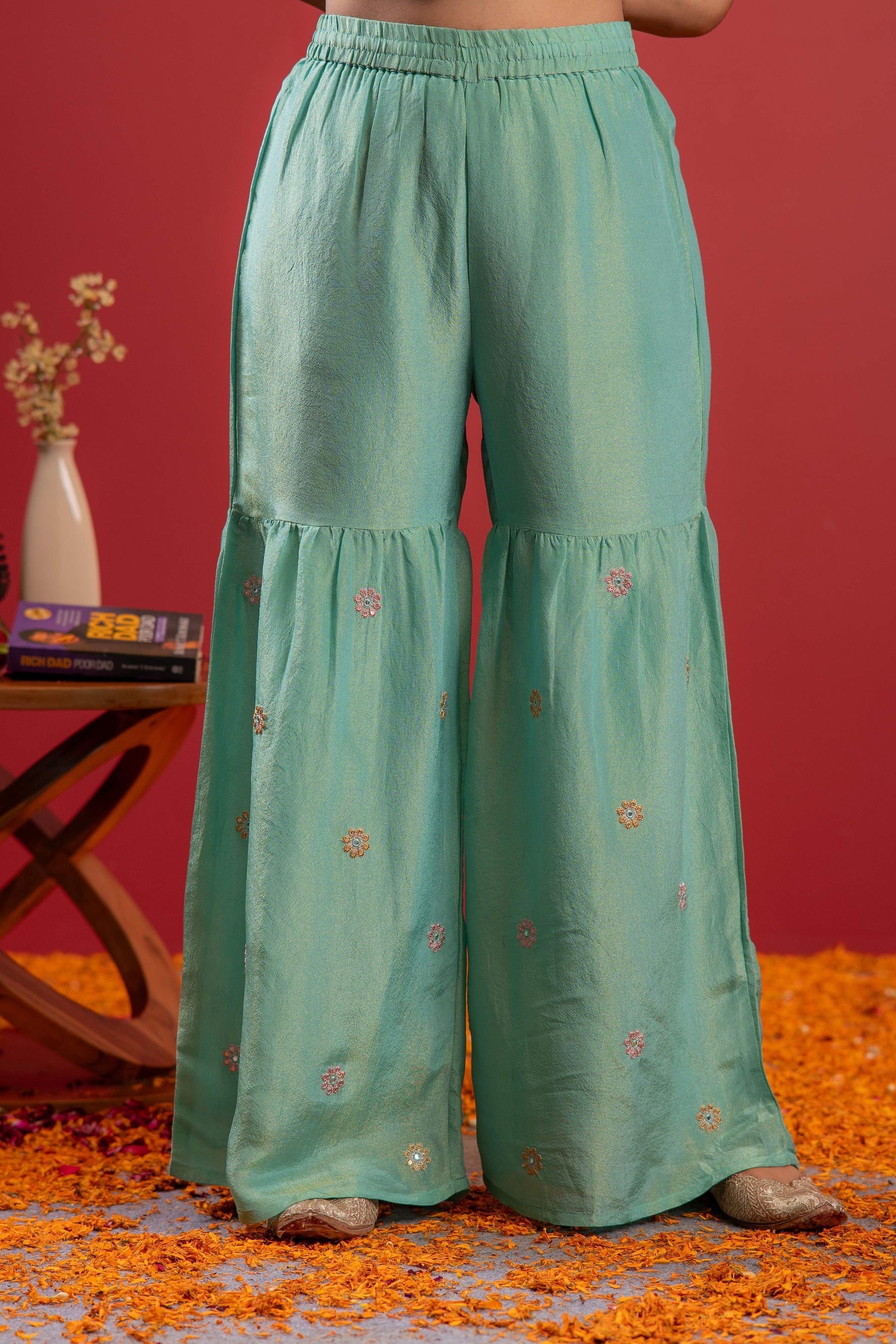 Juniper Sky Blue Nylon Kurta Sharara And Dupatta Set With Zari, Mirror, Thread & Sequin Embroidery