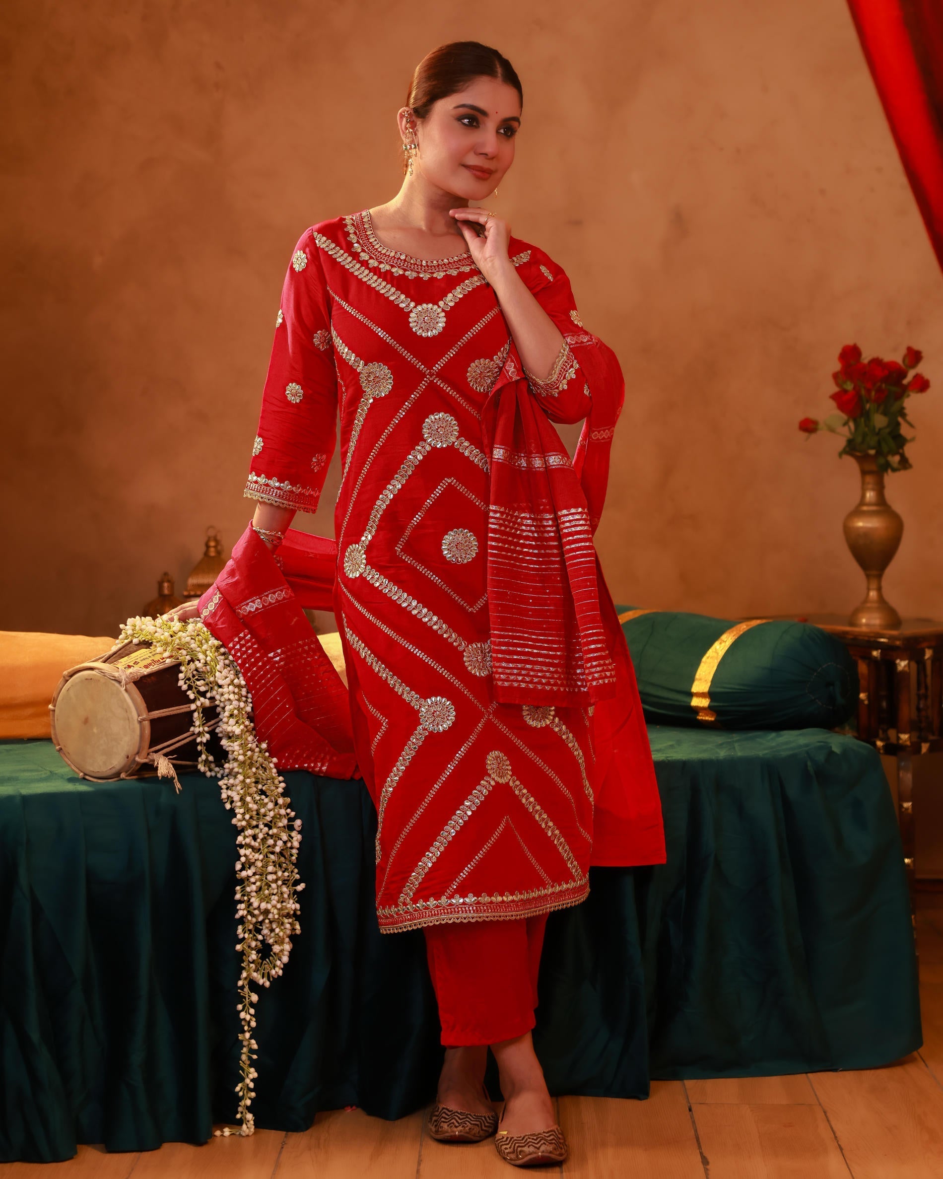 Juniper Magenta Viscose Straight Kurta Pant And Dupatta Set With Gota Patti & Sequence Work