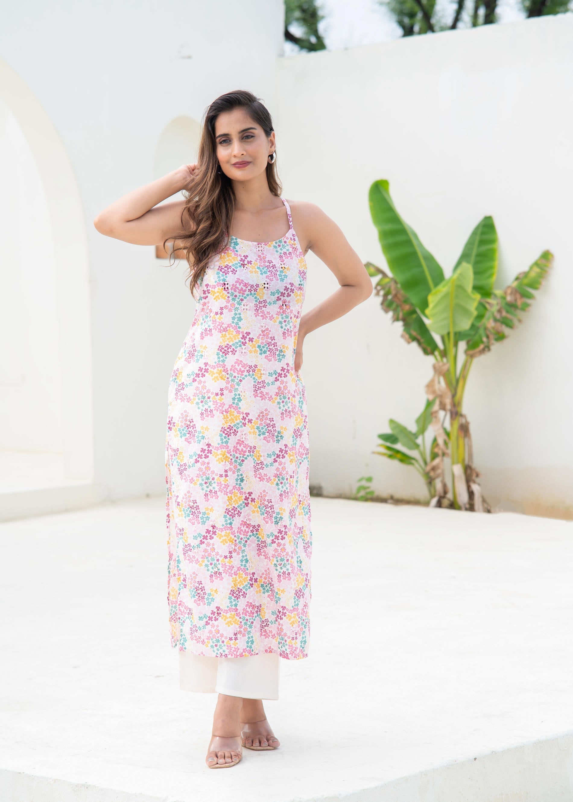 Juniper Pink Floral Printed Sleeveless Cotton Kurta | Grab2Buy