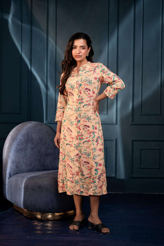 Juniper Peach Floral Printed Button-Down Viscose A-Line Kurta | Grab2Buy