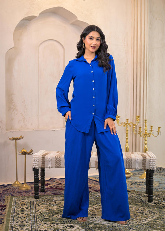 Juniper Royal Blue Viscose Co-Ord Set – Shirt & Palazzo With Parsley Waistband 