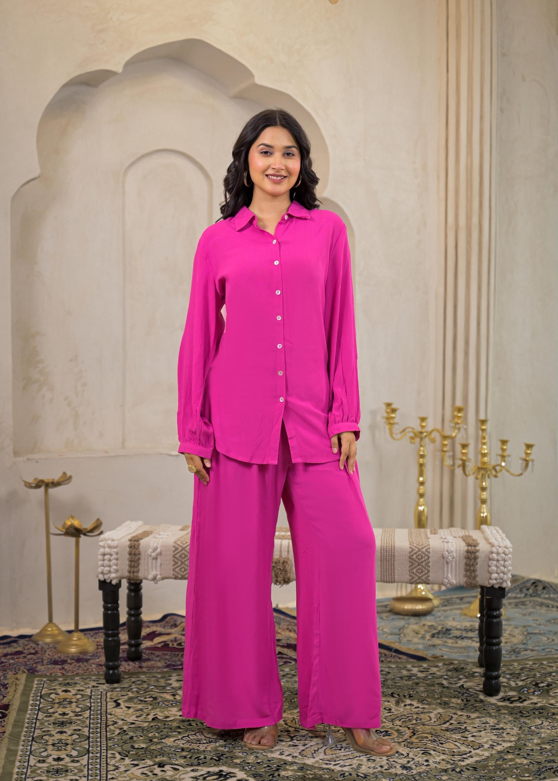 Juniper Pink Viscose Co-Ord Set – Shirt & Palazzo With Parsley Waistband 