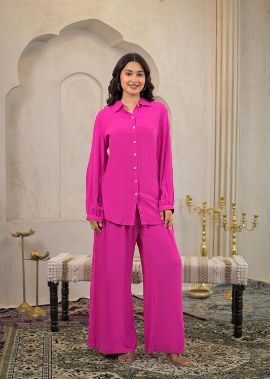 Juniper Pink Viscose Co-Ord Set – Shirt & Palazzo With Parsley Waistband 