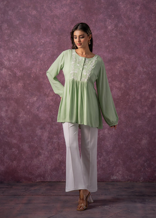 Juniper Women'S Mint & White Embroidered Viscose Tunic With Thread Work And Buttons