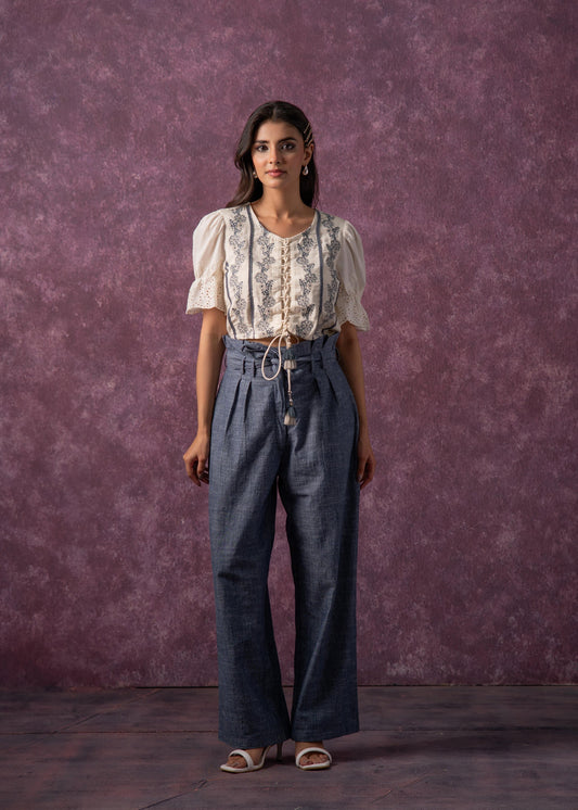 Juniper Women'S Off white Natural Solid Top With Pant Co-Ord Set With Thread Work 