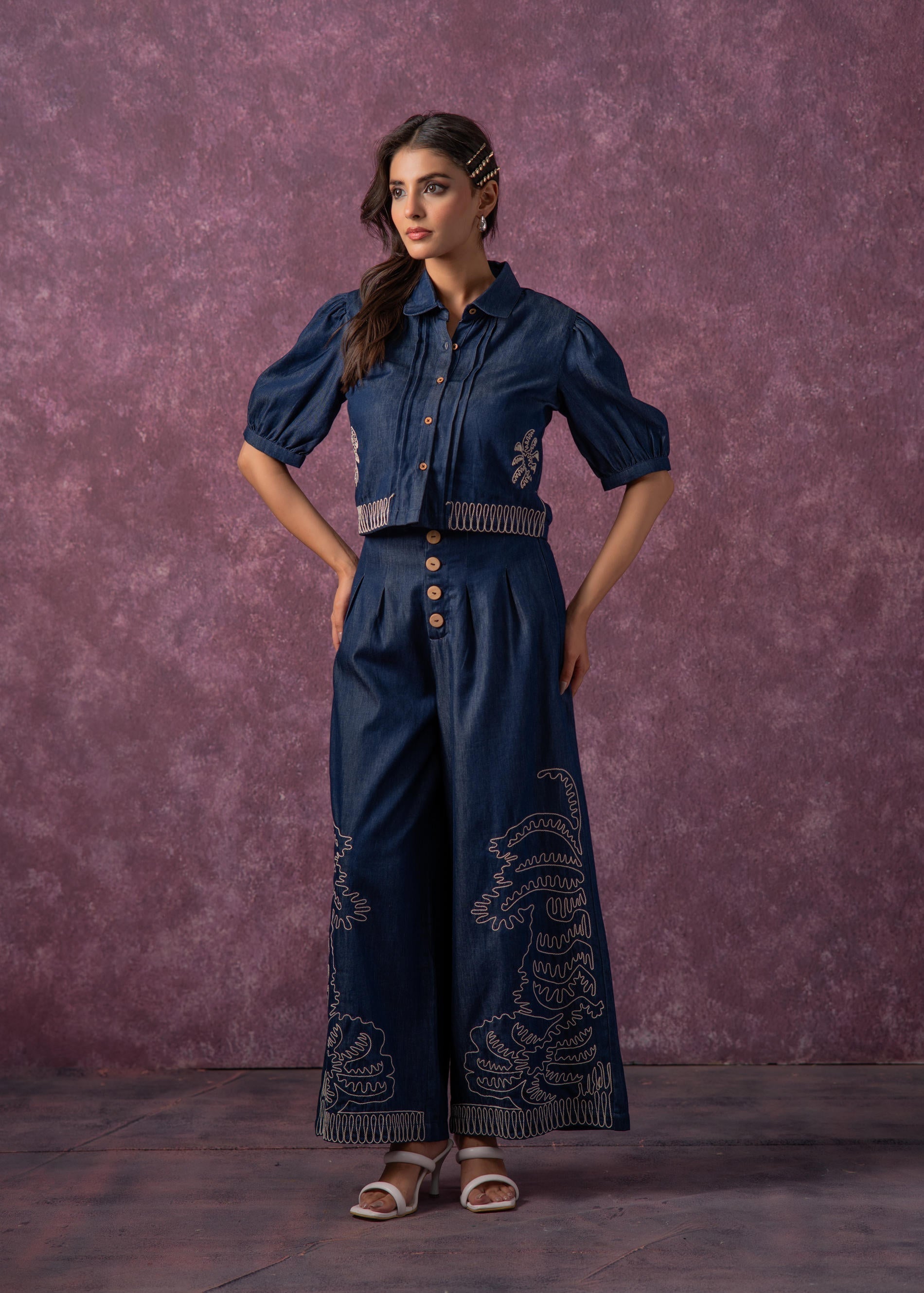 Juniper Embroidered Navy Blue Shirt & Straight Pants Co-Ord Set 