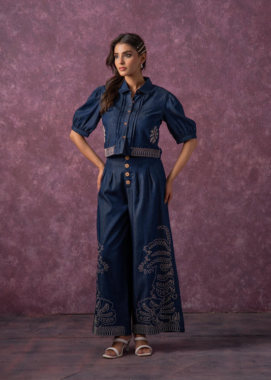 Juniper Embroidered Navy Blue Shirt & Straight Pants Co-Ord Set 